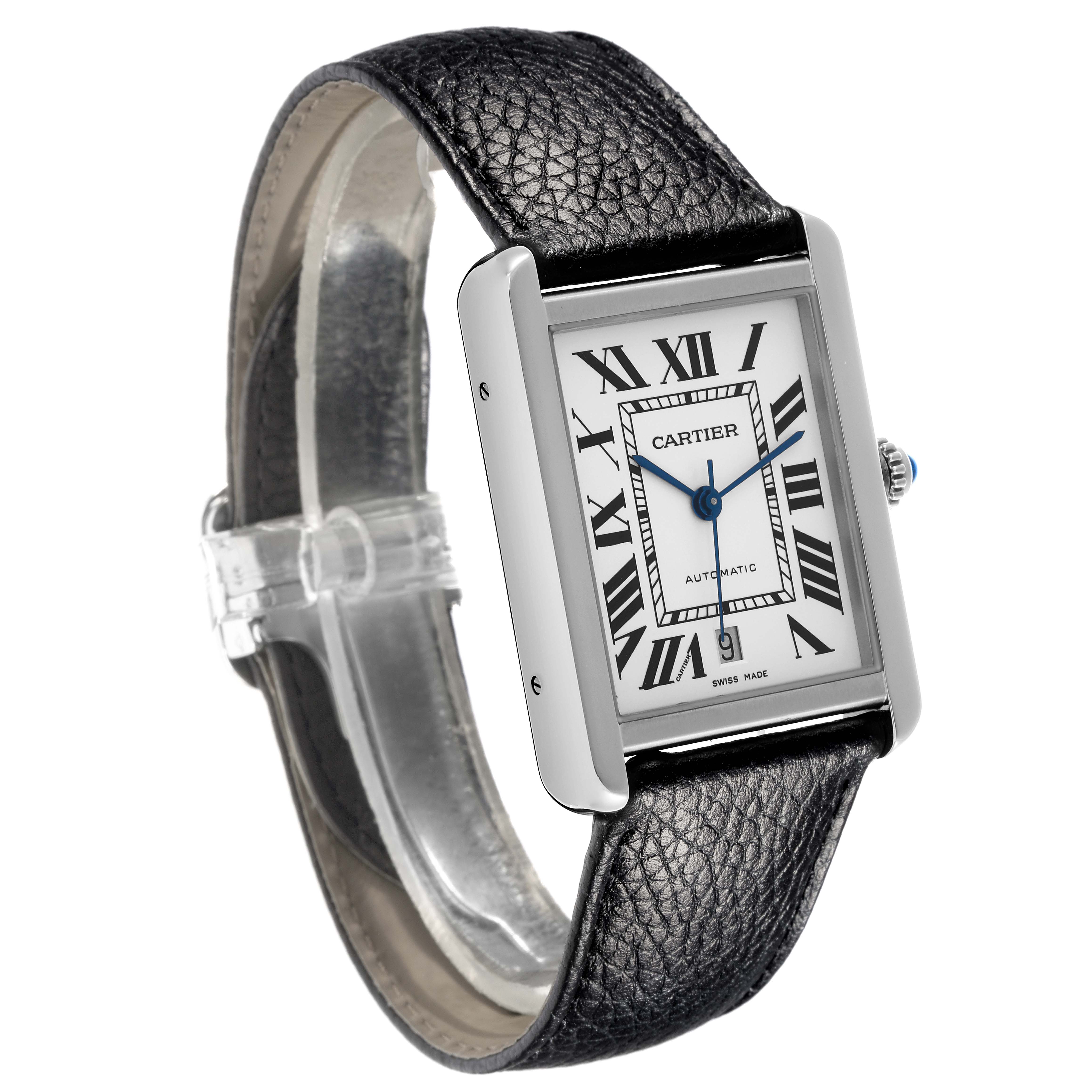 The Cartier Tank Solo W5200027 Men's Stainless Steel Silver Dial W5200027 Men's Stainless Steel Silver Dial watch is shown at a slight angle, highlighting the face, crown, and leather strap.
