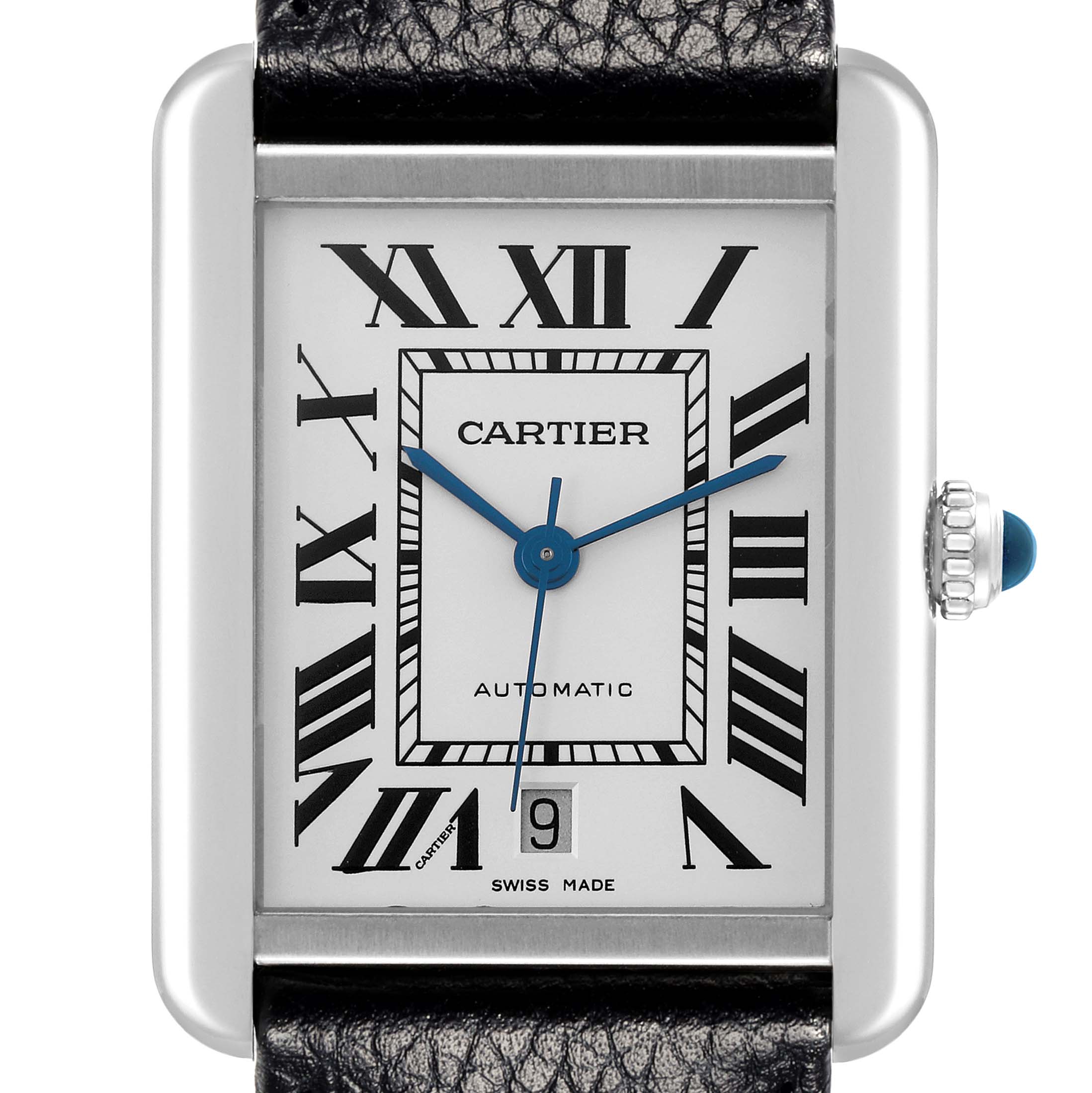 The Cartier Tank Solo W5200027 Men's Stainless Steel Silver Dial W5200027 Men's Stainless Steel Silver Dial watch is shown from the front, displaying the dial, hands, crown, and part of the leather strap.