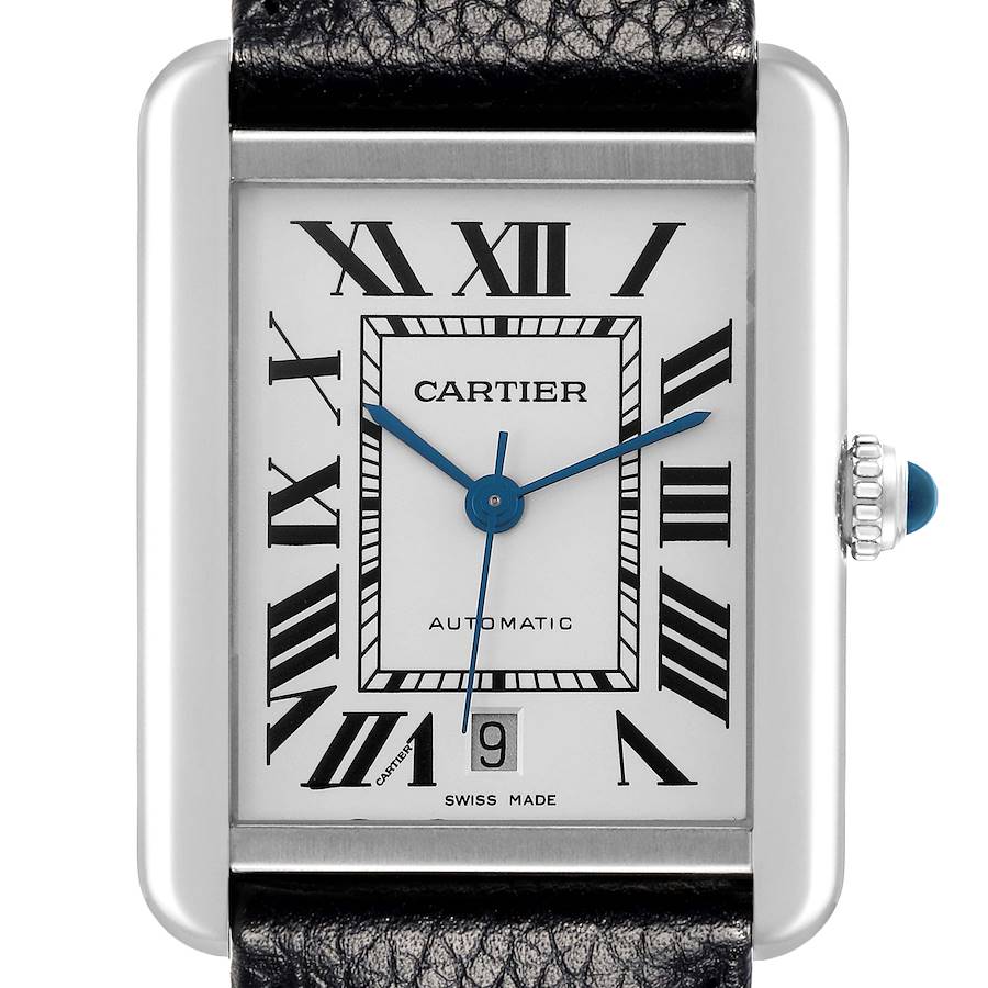 The Cartier Tank Solo watch is shown from the front, displaying the dial, hands, crown, and part of the leather strap.