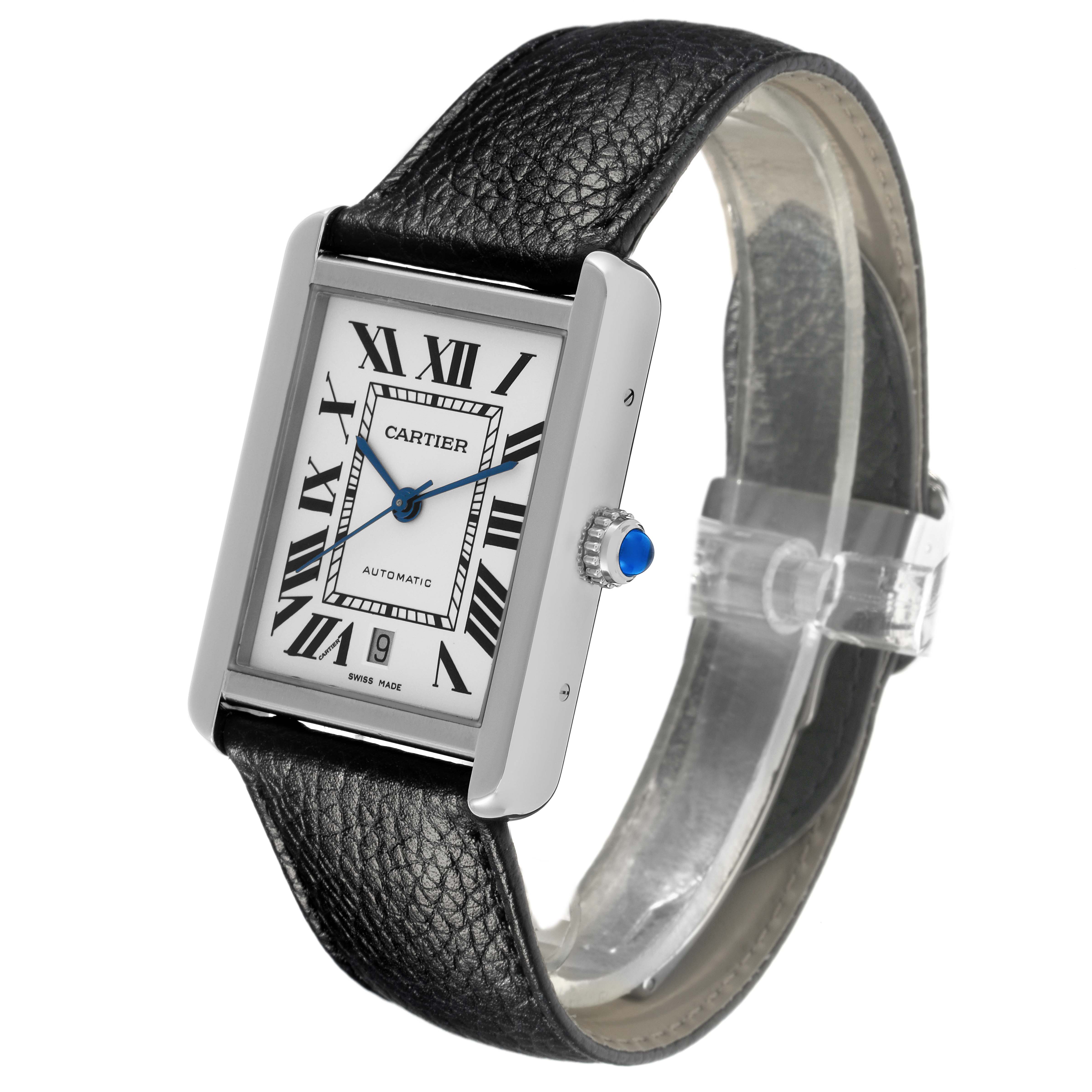The Cartier Tank Solo W5200027 Men's Stainless Steel Silver Dial W5200027 Men's Stainless Steel Silver Dial watch is shown at an oblique angle, highlighting its face, leather strap, and crown.