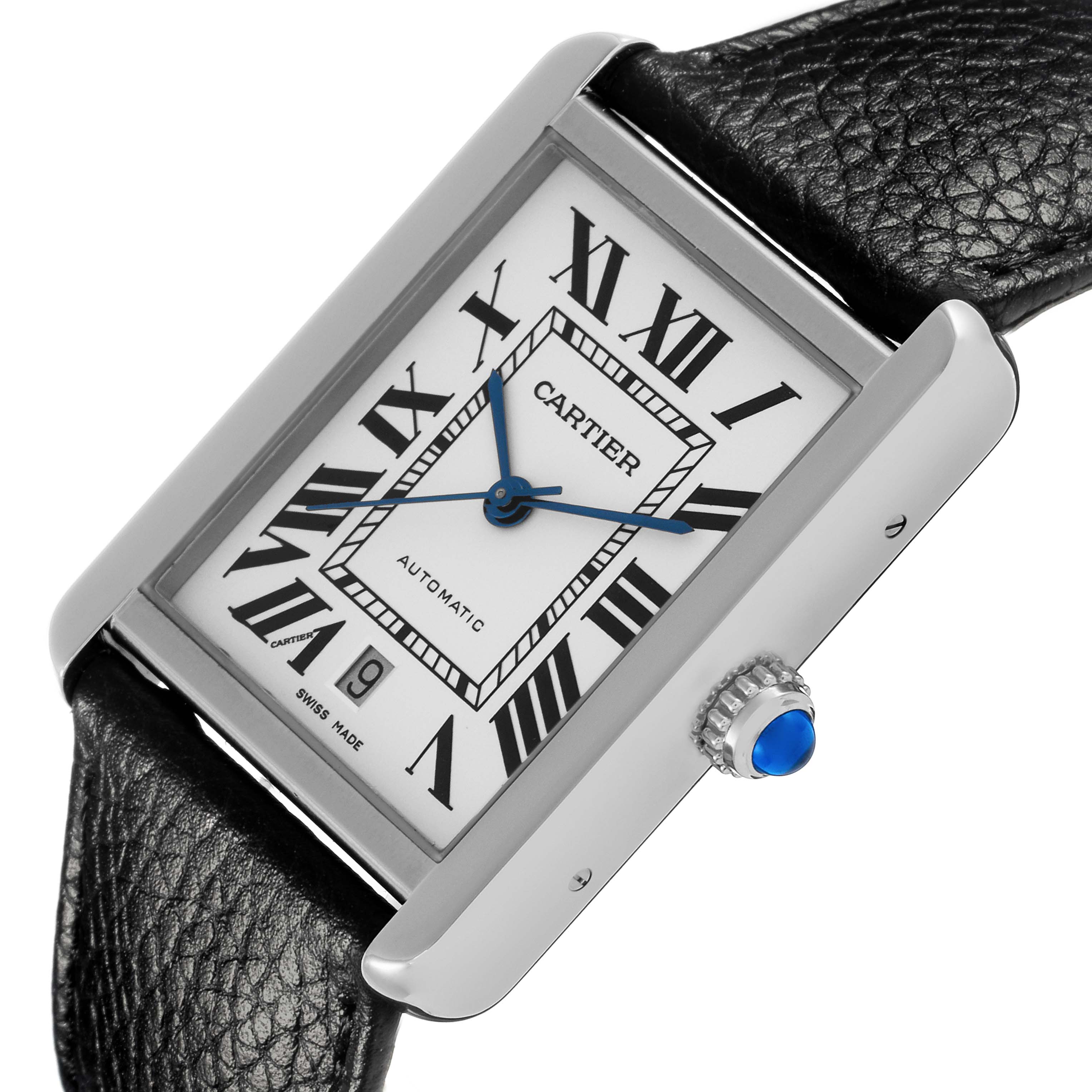 The Cartier Tank Solo W5200027 Men's Stainless Steel Silver Dial W5200027 Men's Stainless Steel Silver Dial watch is shown from an angled top view, highlighting the face, Roman numerals, and blue crown.