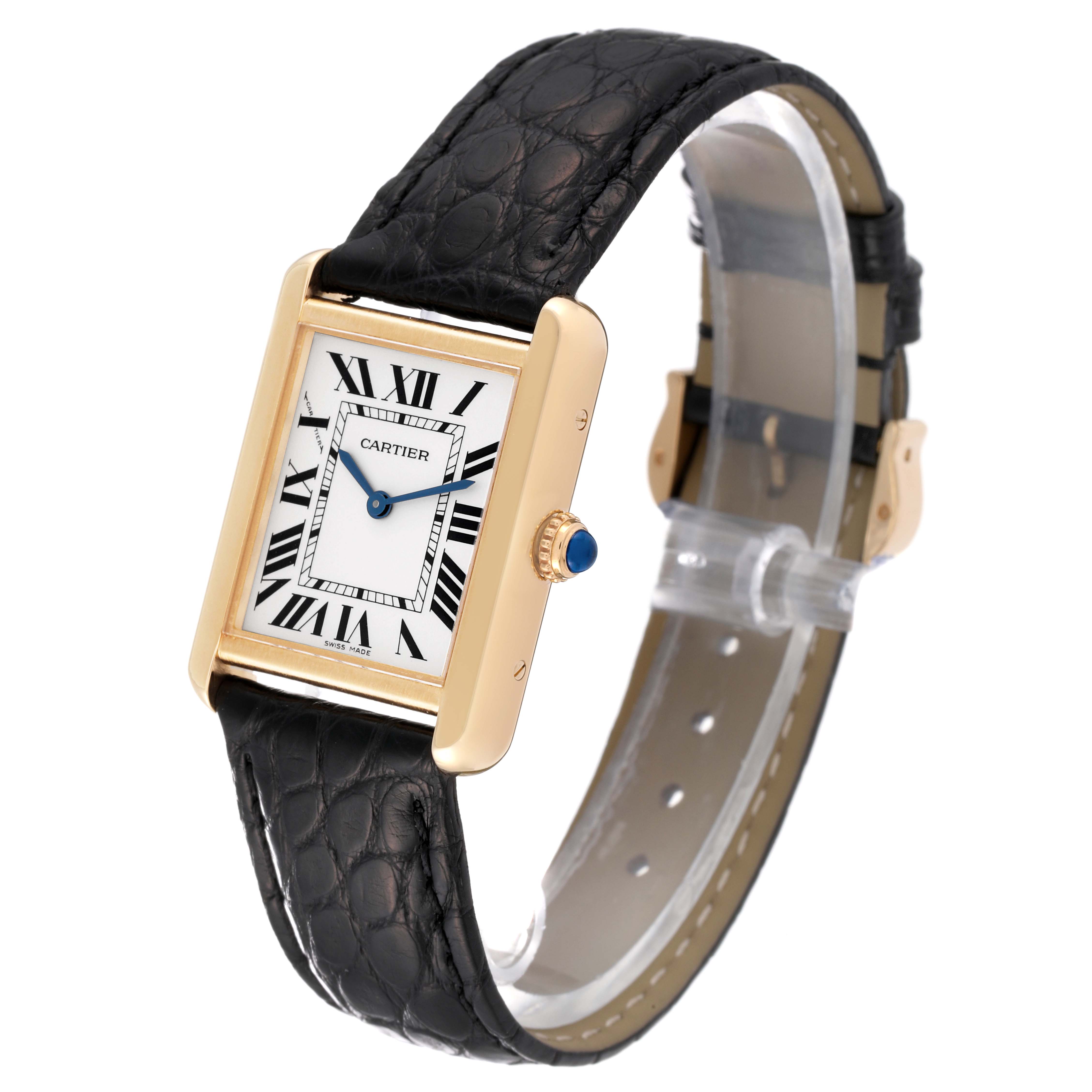 The image shows a Cartier Tank Solo W5200002 Women
s Steel and Gold (two tone) Silver Dial W5200002 Women
s Steel and Gold (two tone) Silver Dial watch at a slight angle, displaying its face, black leather strap, and gold casing.