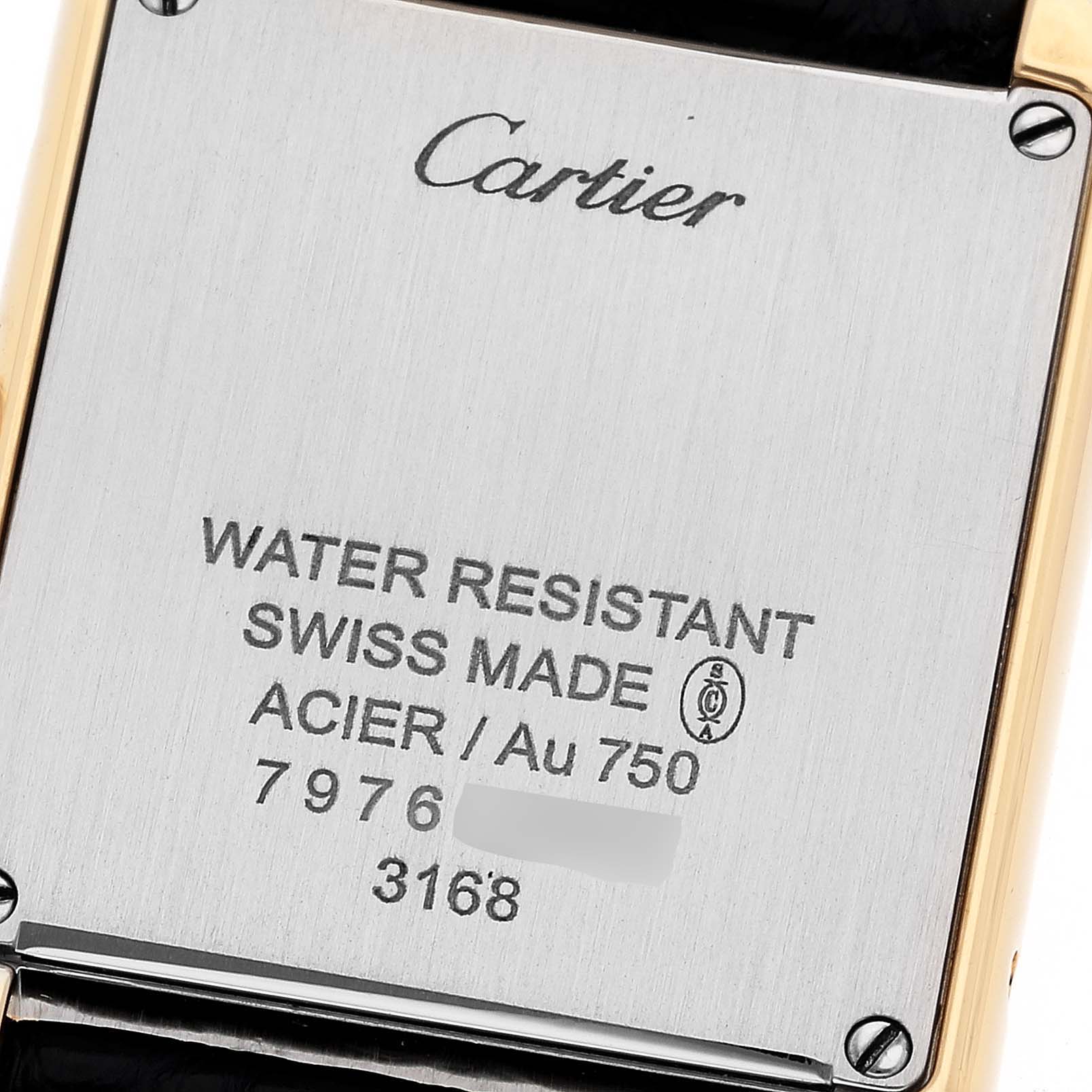 This is the back case of the Cartier Tank Solo W5200002 Women
s Steel and Gold (two tone) Silver Dial W5200002 Women
s Steel and Gold (two tone) Silver Dial watch, showing details about water resistance and materials used.