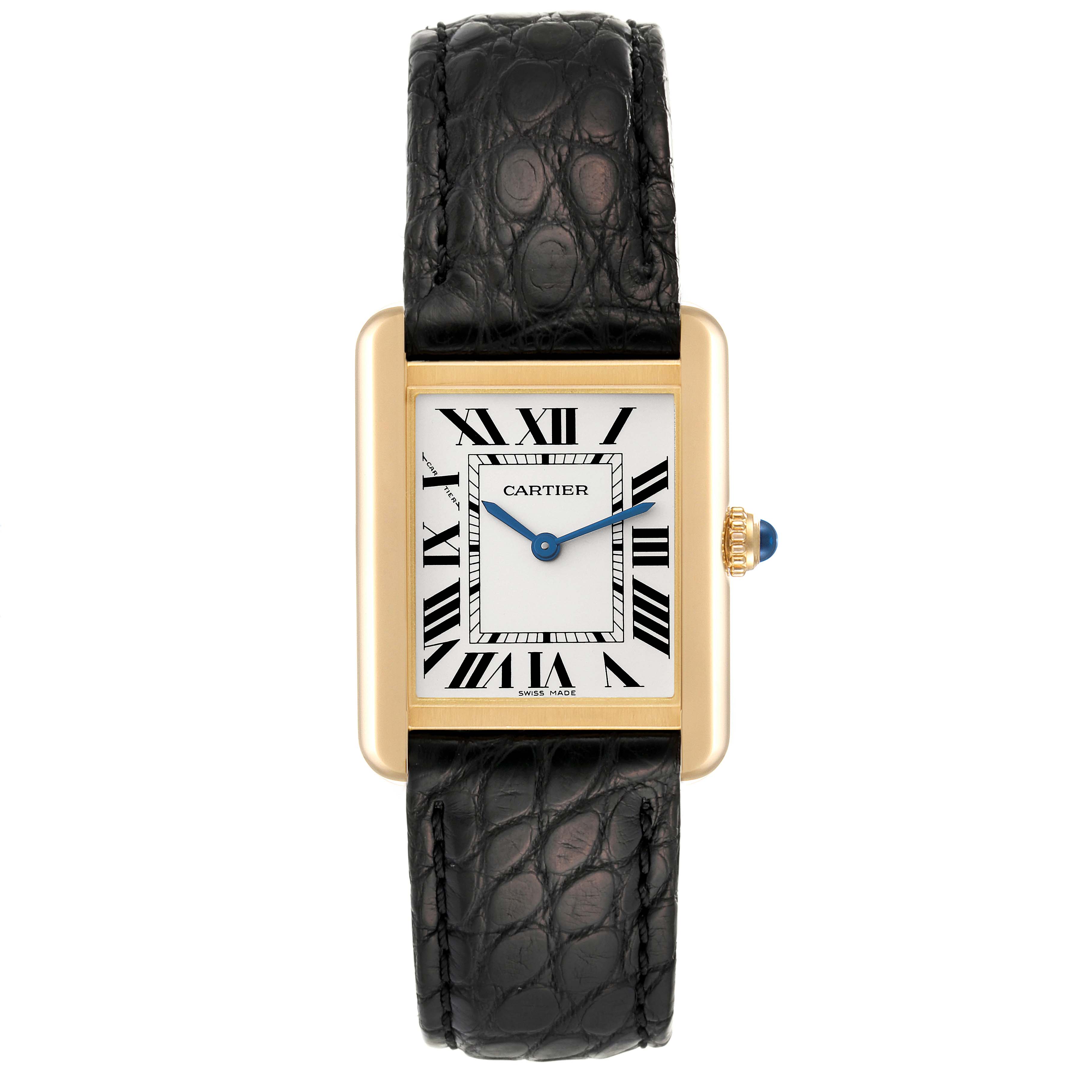 This Cartier Tank Solo W5200002 Women
s Steel and Gold (two tone) Silver Dial W5200002 Women
s Steel and Gold (two tone) Silver Dial watch is shown from a front angle, displaying its rectangular face, Roman numerals, and black leather strap.