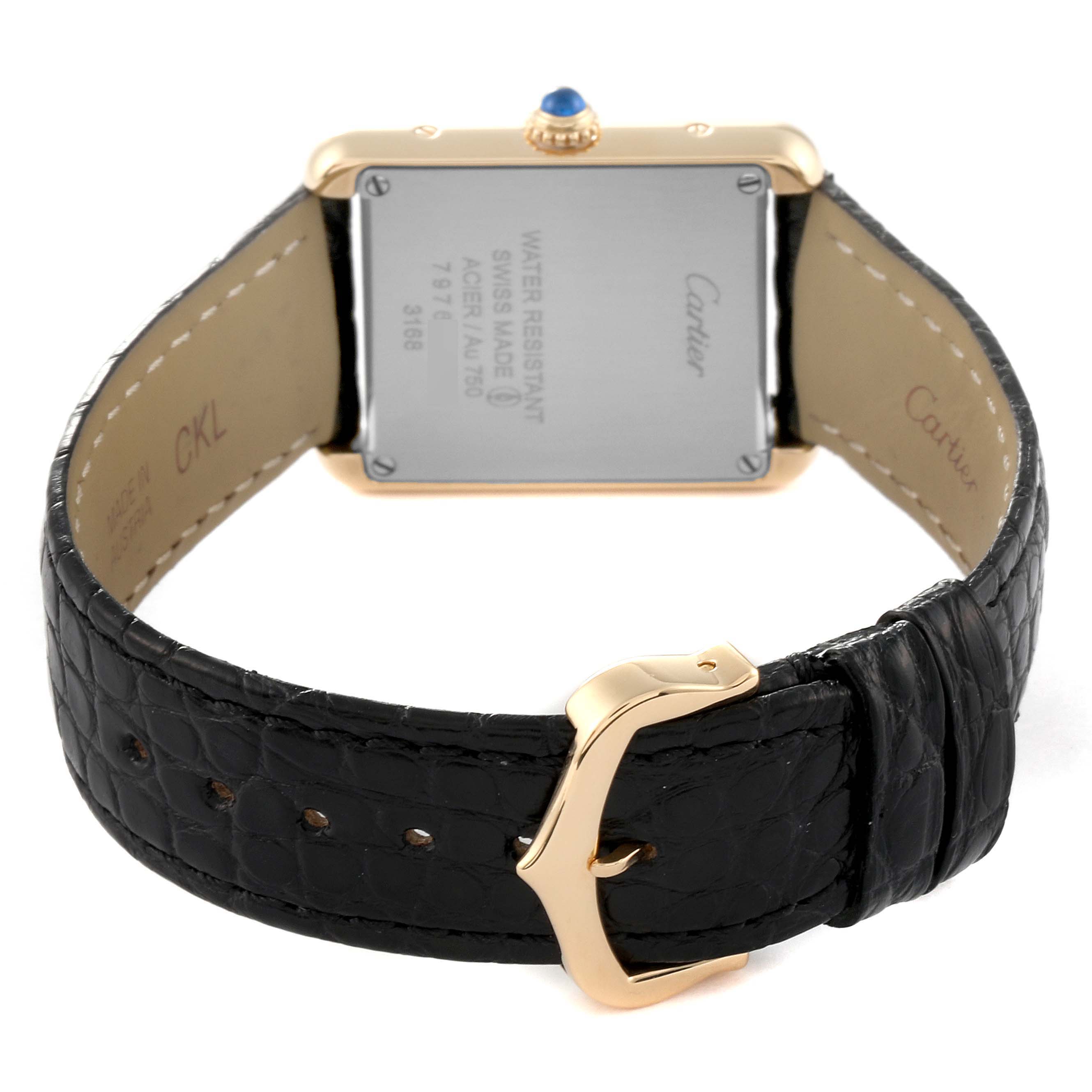 The image shows the back view of the Cartier Tank Solo W5200002 Women
s Steel and Gold (two tone) Silver Dial W5200002 Women
s Steel and Gold (two tone) Silver Dial watch, highlighting the caseback, strap, and buckle.