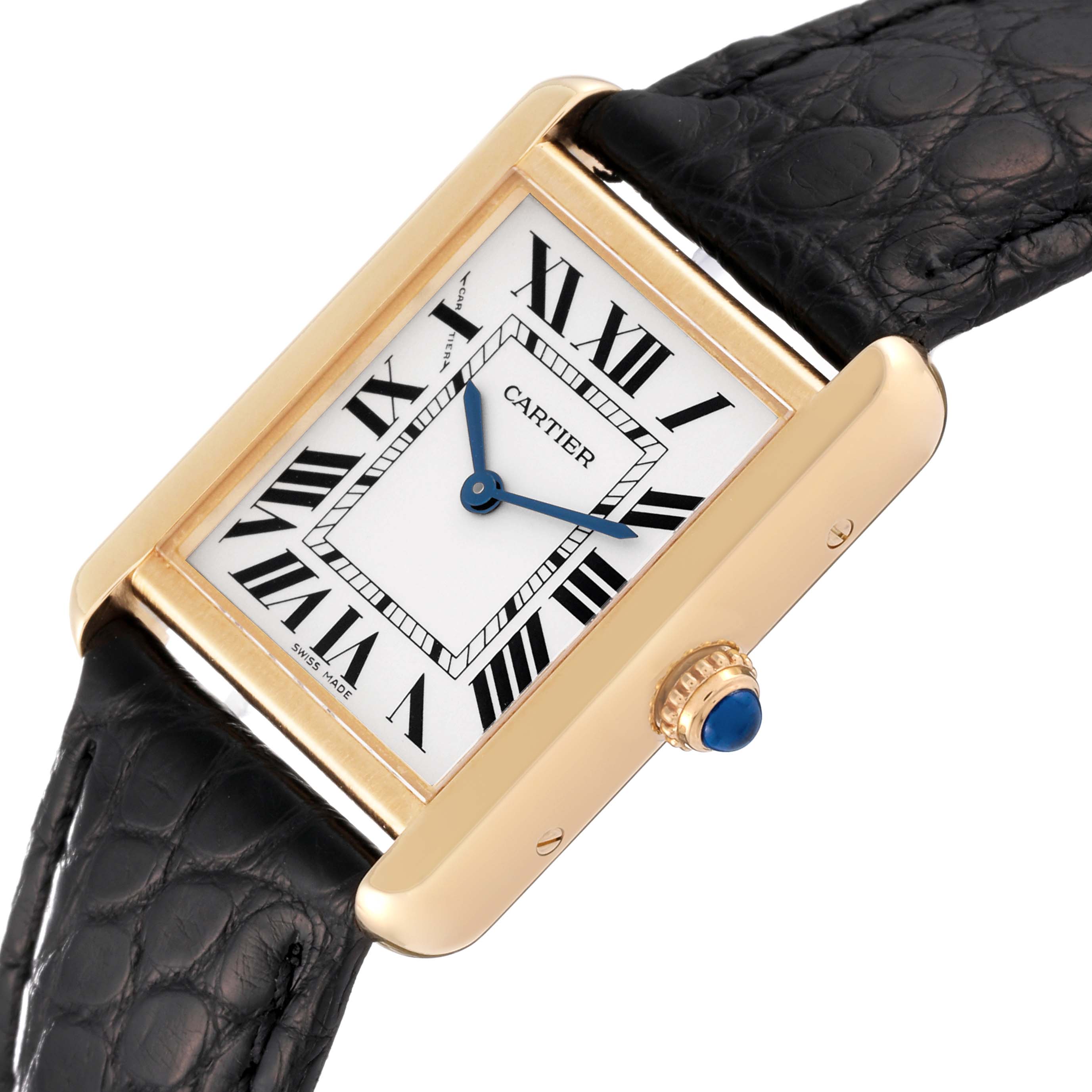 The image shows a Cartier Tank Solo W5200002 Women
s Steel and Gold (two tone) Silver Dial W5200002 Women
s Steel and Gold (two tone) Silver Dial watch at an angle highlighting its face, crown, and part of the black leather strap.