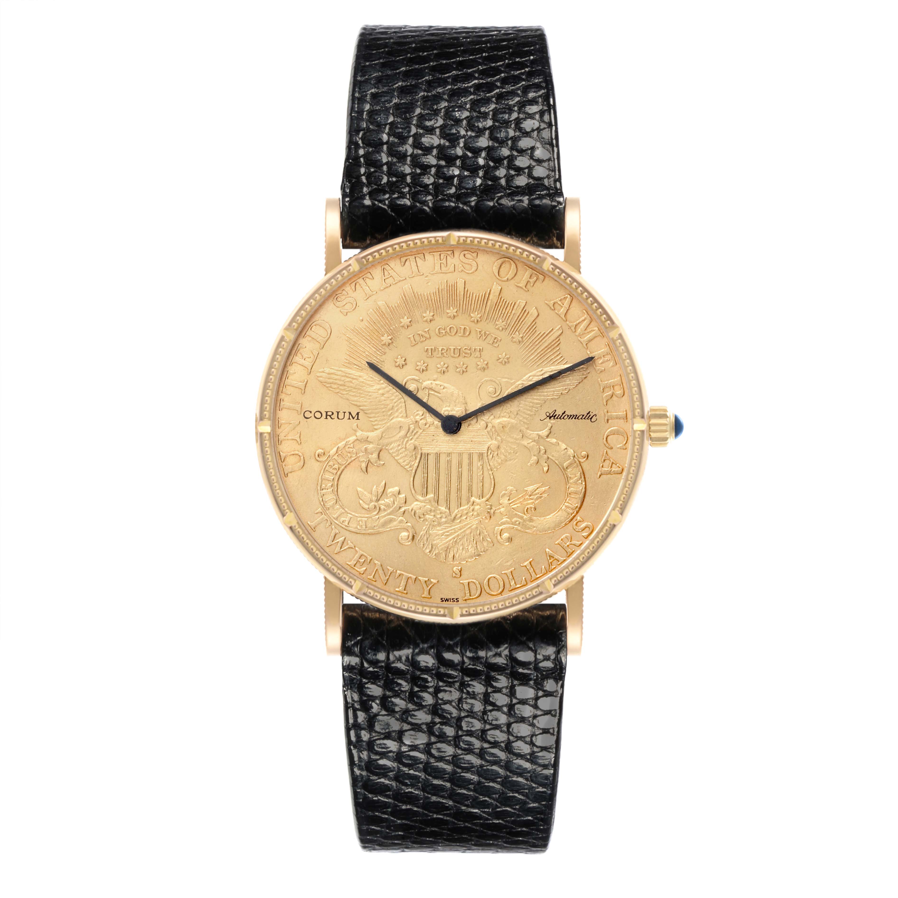 The Corum Coin Watch Men's Yellow Gold Champagne Dial Men's Yellow Gold Champagne Dial is shown from a front angle, displaying its gold coin dial and black leather strap.