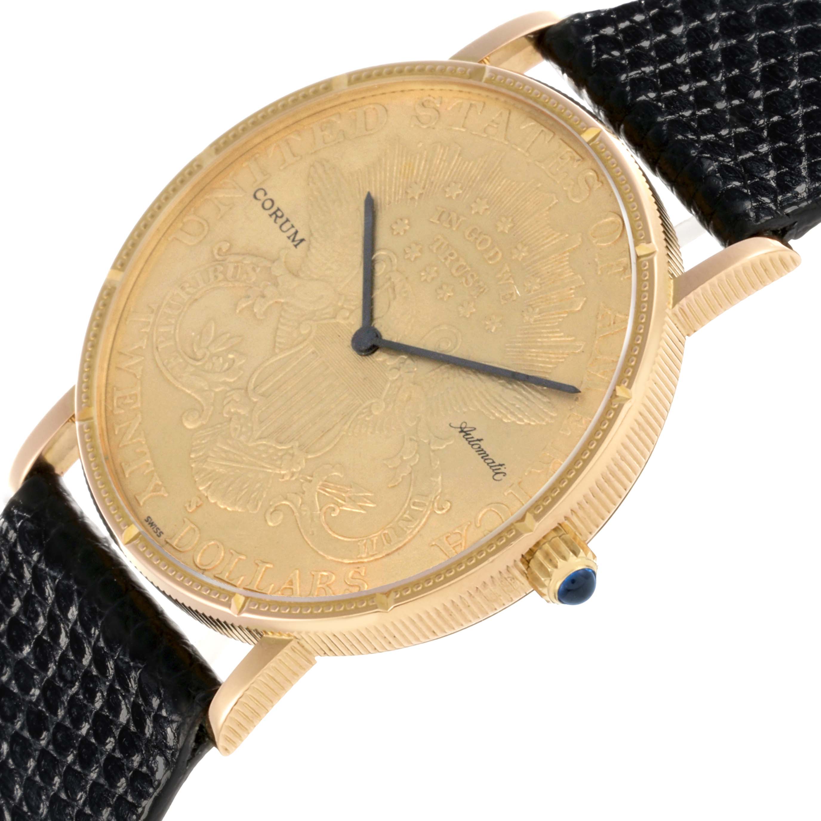 The Corum Coin Watch Men's Yellow Gold Champagne Dial Men's Yellow Gold Champagne Dial is shown at a slight angle, highlighting its gold dial, black leather strap, and crown.