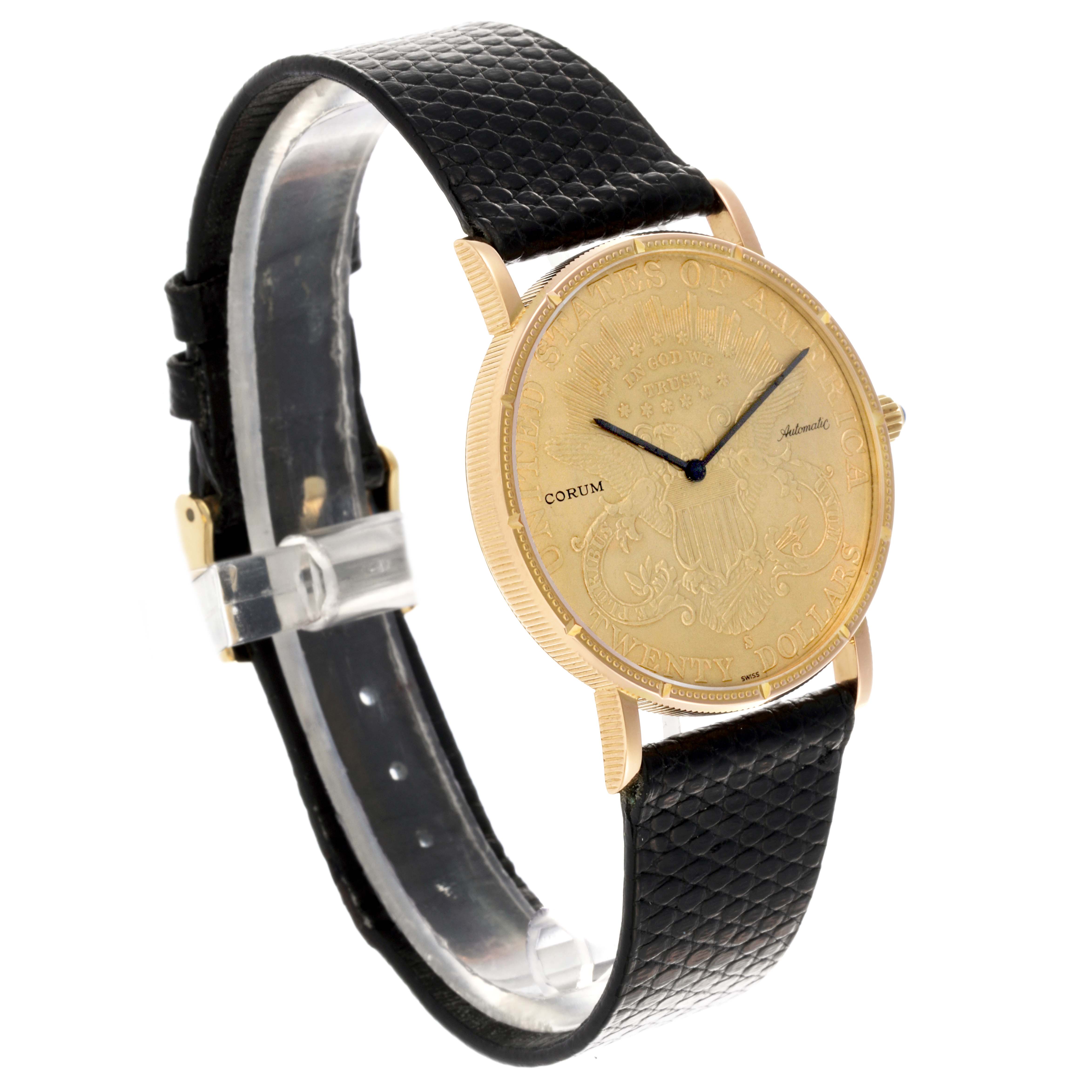 The Corum Coin Watch Men's Yellow Gold Champagne Dial Men's Yellow Gold Champagne Dial is shown at a three-quarter angle, displaying the face, case, and part of the strap.