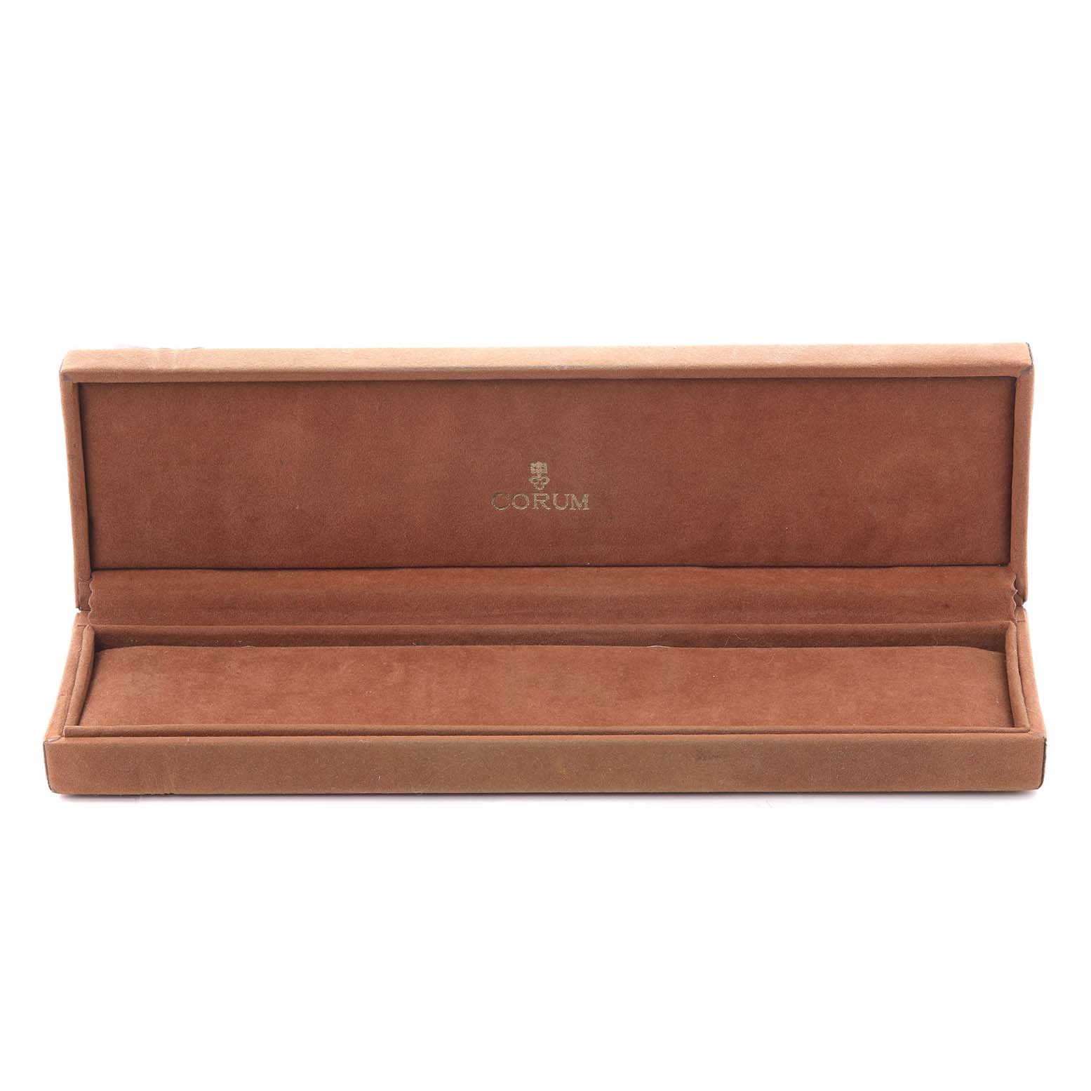 The image shows an open Corum Coin Watch Men's Yellow Gold Champagne Dial Men's Yellow Gold Champagne Dial box from a front-facing angle.