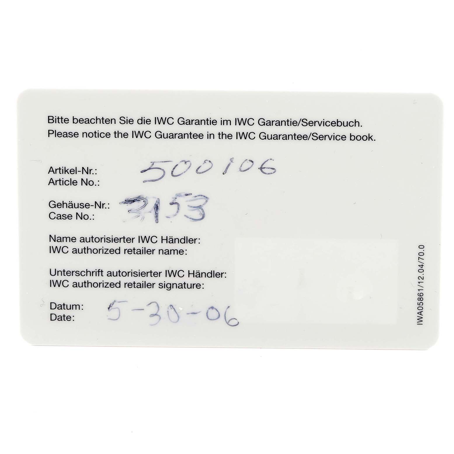 The image shows a warranty card for the IWC Portuguese IW500106 Men's White Gold Grey Dial IW500106 Men's White Gold Grey Dial model, displaying article and case numbers.