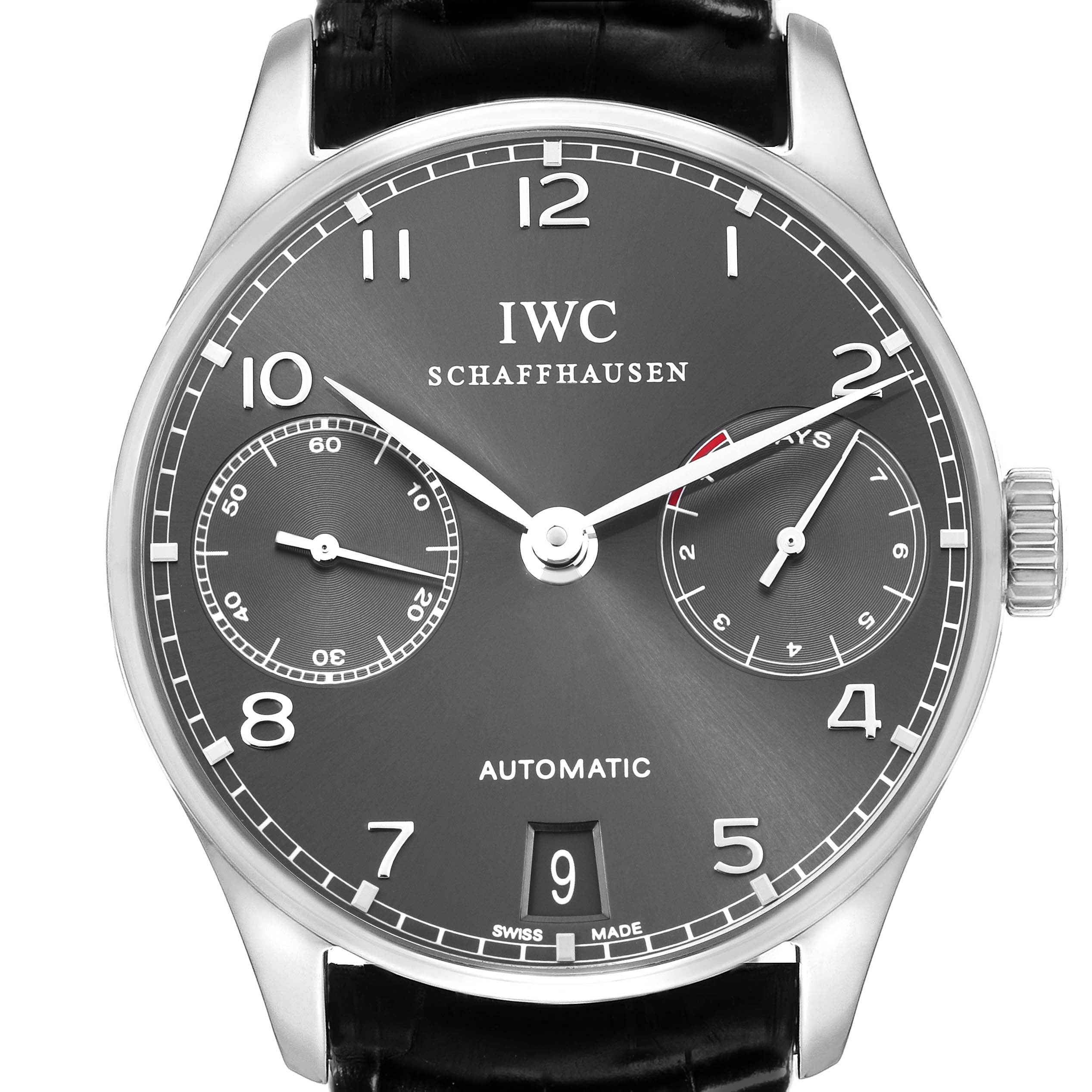 The IWC Portuguese IW500106 Men's White Gold Grey Dial IW500106 Men's White Gold Grey Dial watch is shown from the front, displaying the dial, subdials, hands, and crown.
