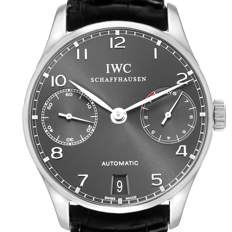 The IWC Portuguese watch is shown from the front, displaying the dial, subdials, hands, and crown.