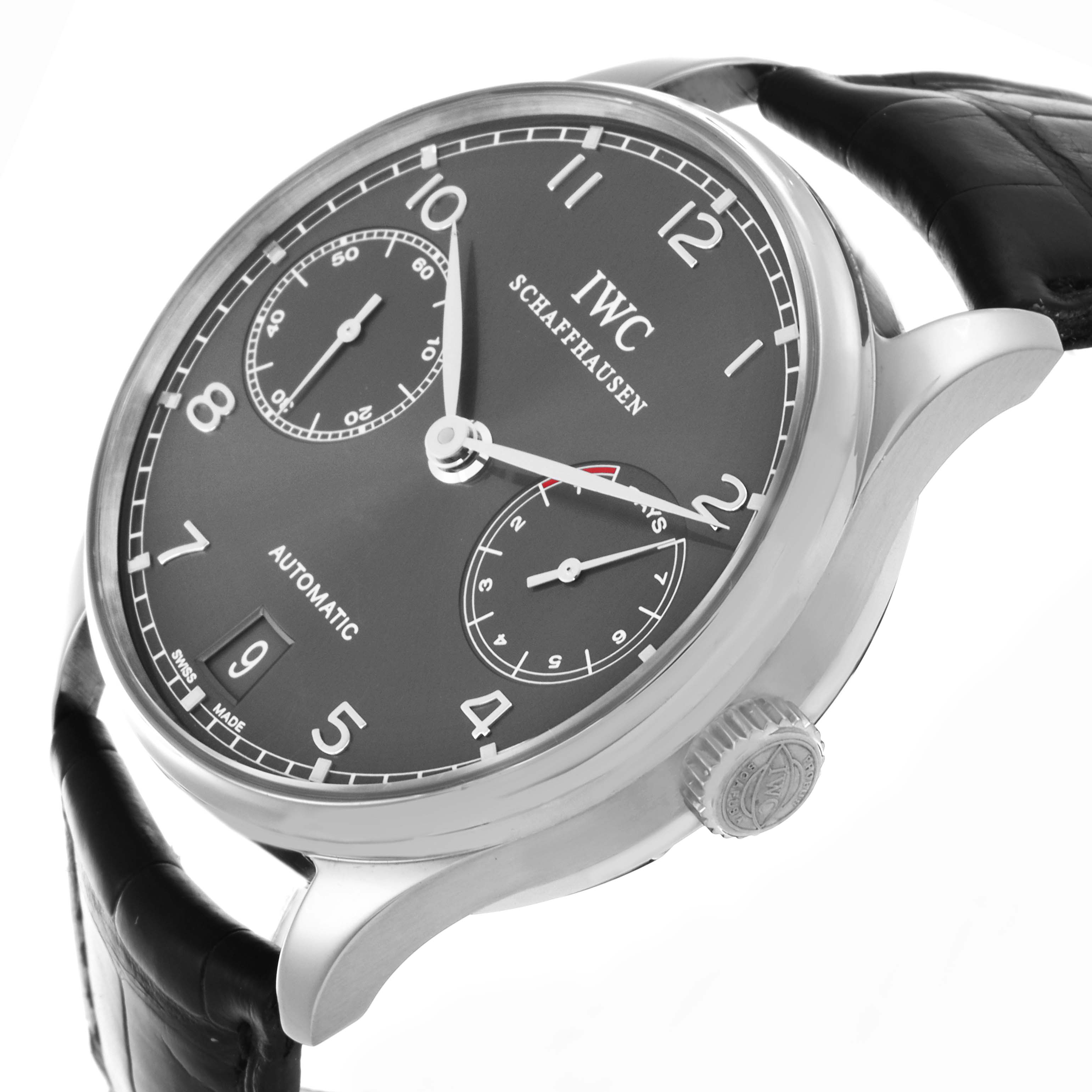 This image shows a side and top angle view of the IWC Portuguese IW500106 Men's White Gold Grey Dial IW500106 Men's White Gold Grey Dial watch, highlighting the dial, crown, and leather strap.