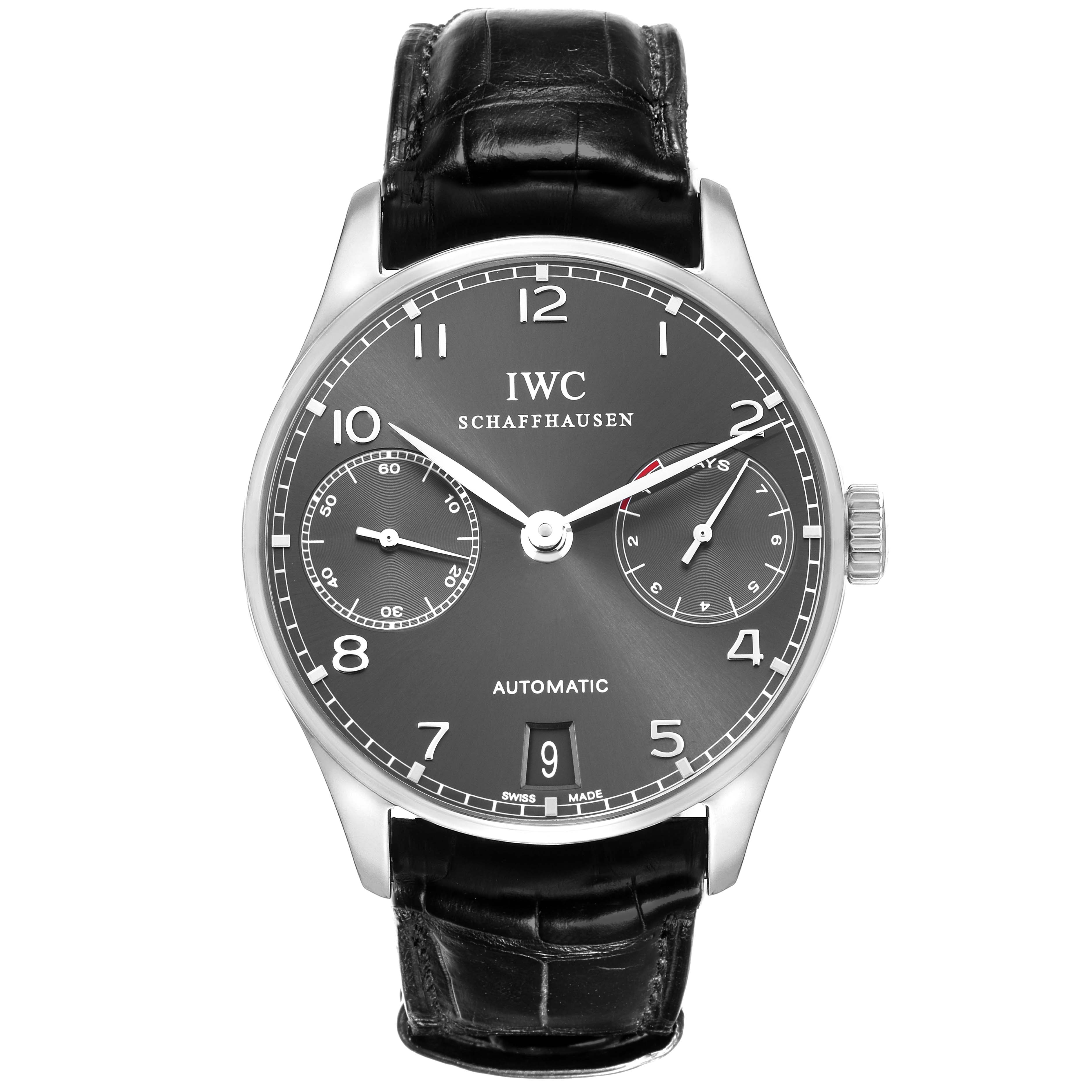 The IWC Portuguese IW500106 Men's White Gold Grey Dial IW500106 Men's White Gold Grey Dial watch is shown from the front, displaying its dial, case, hands, and leather strap.
