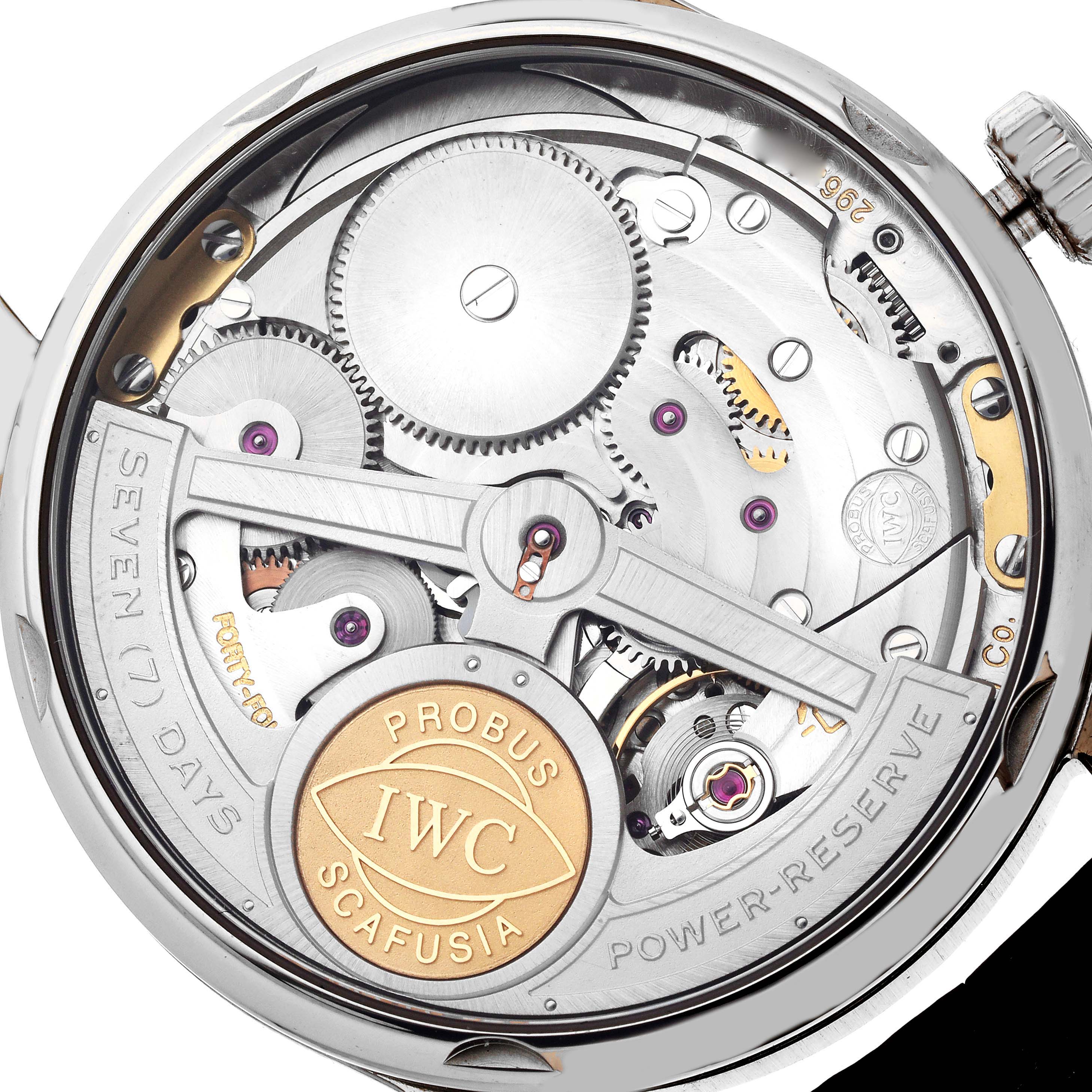 The image shows the case back view of the IWC Portuguese IW500106 Men's White Gold Grey Dial IW500106 Men's White Gold Grey Dial watch, highlighting its intricate movement components.