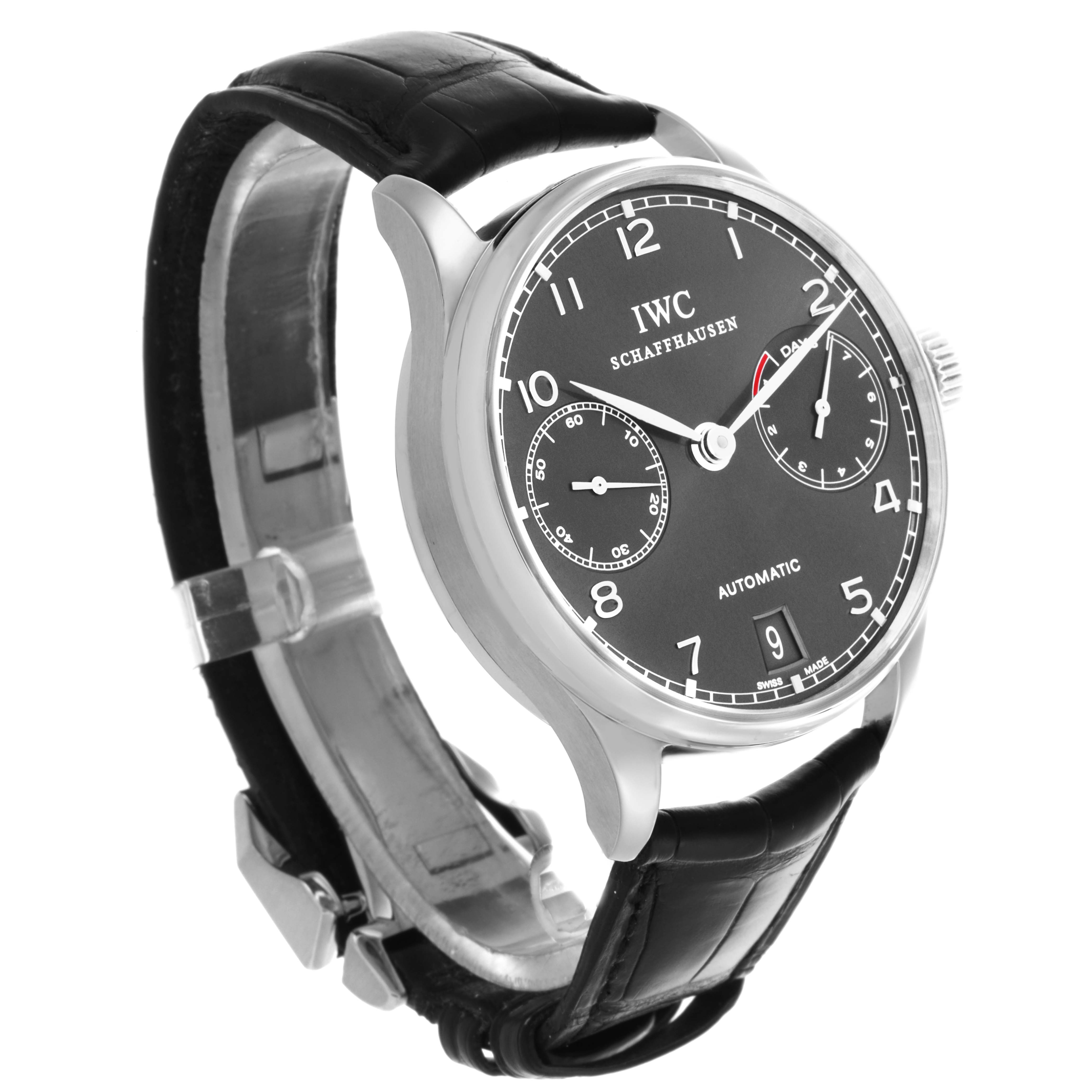 The IWC Portuguese IW500106 Men's White Gold Grey Dial IW500106 Men's White Gold Grey Dial watch is shown at a 3/4 angle, displaying the face, bezel, crown, and part of the leather strap.