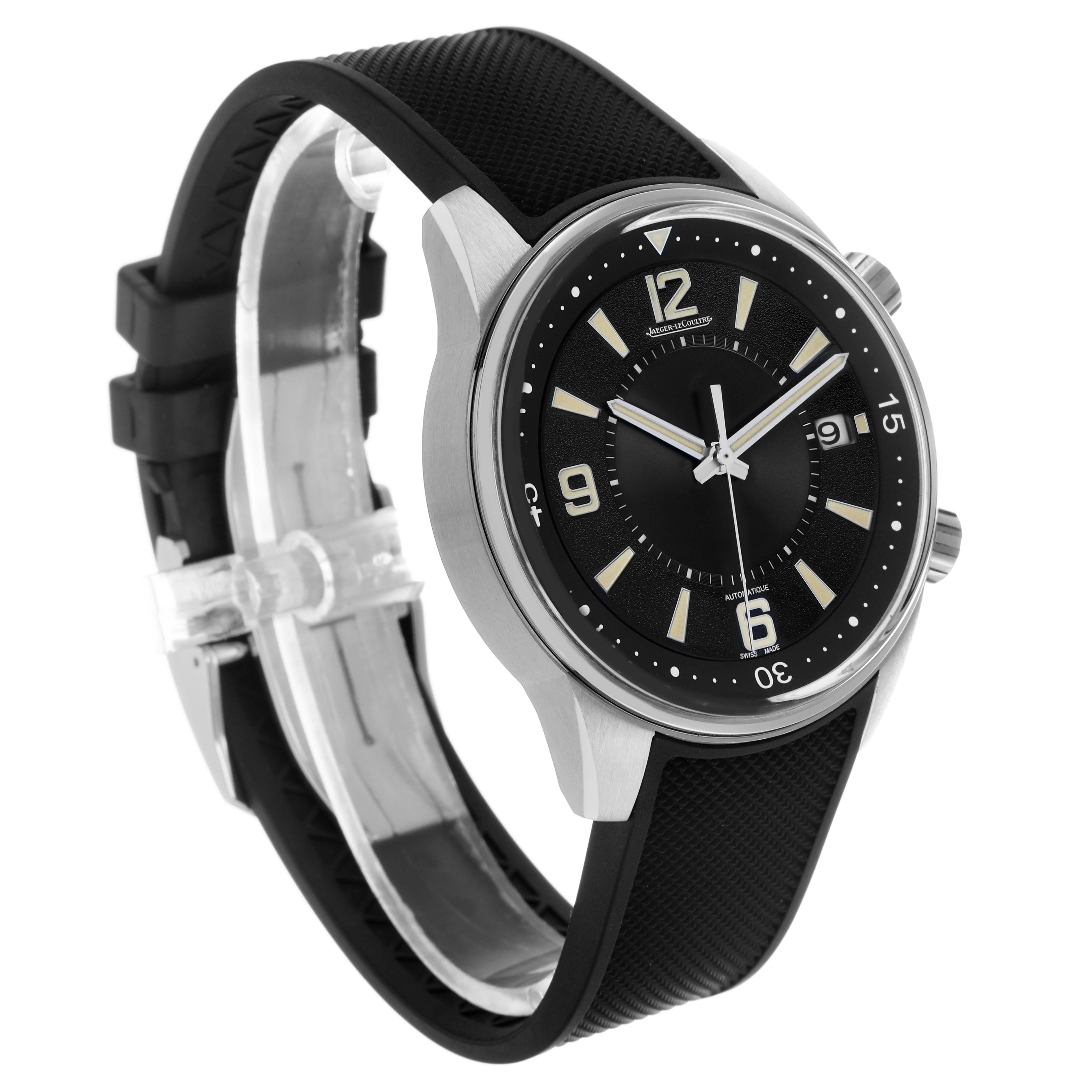 The Jaeger LeCoultre Polaris Q968671 Men's Stainless Steel Black Dial watch is shown at a three-quarter angle, displaying its face, bezel, and black strap.