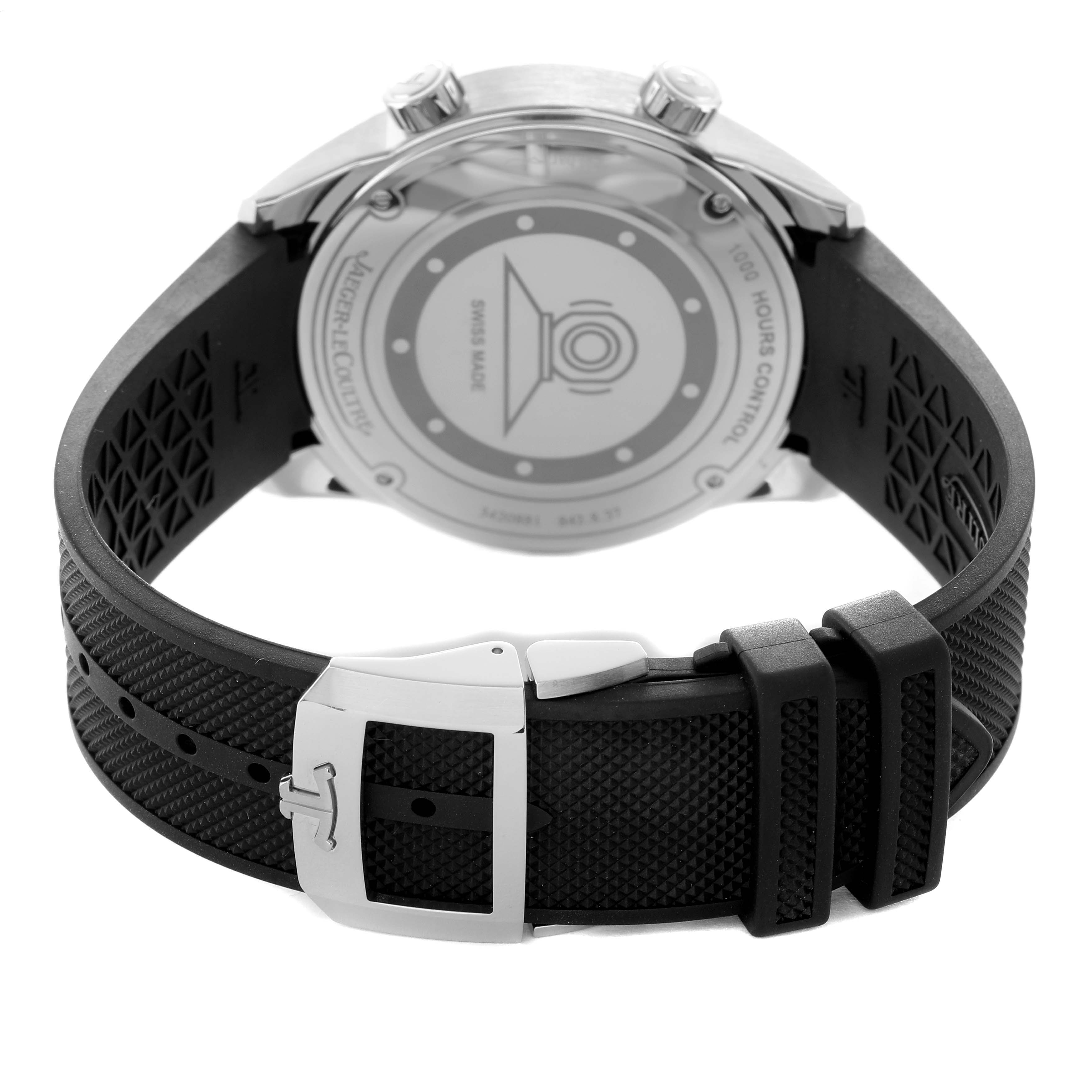 The image shows the back view of a Jaeger LeCoultre Polaris Q968671 Men's Stainless Steel Black Dial watch, highlighting the case back and buckle of the black strap.