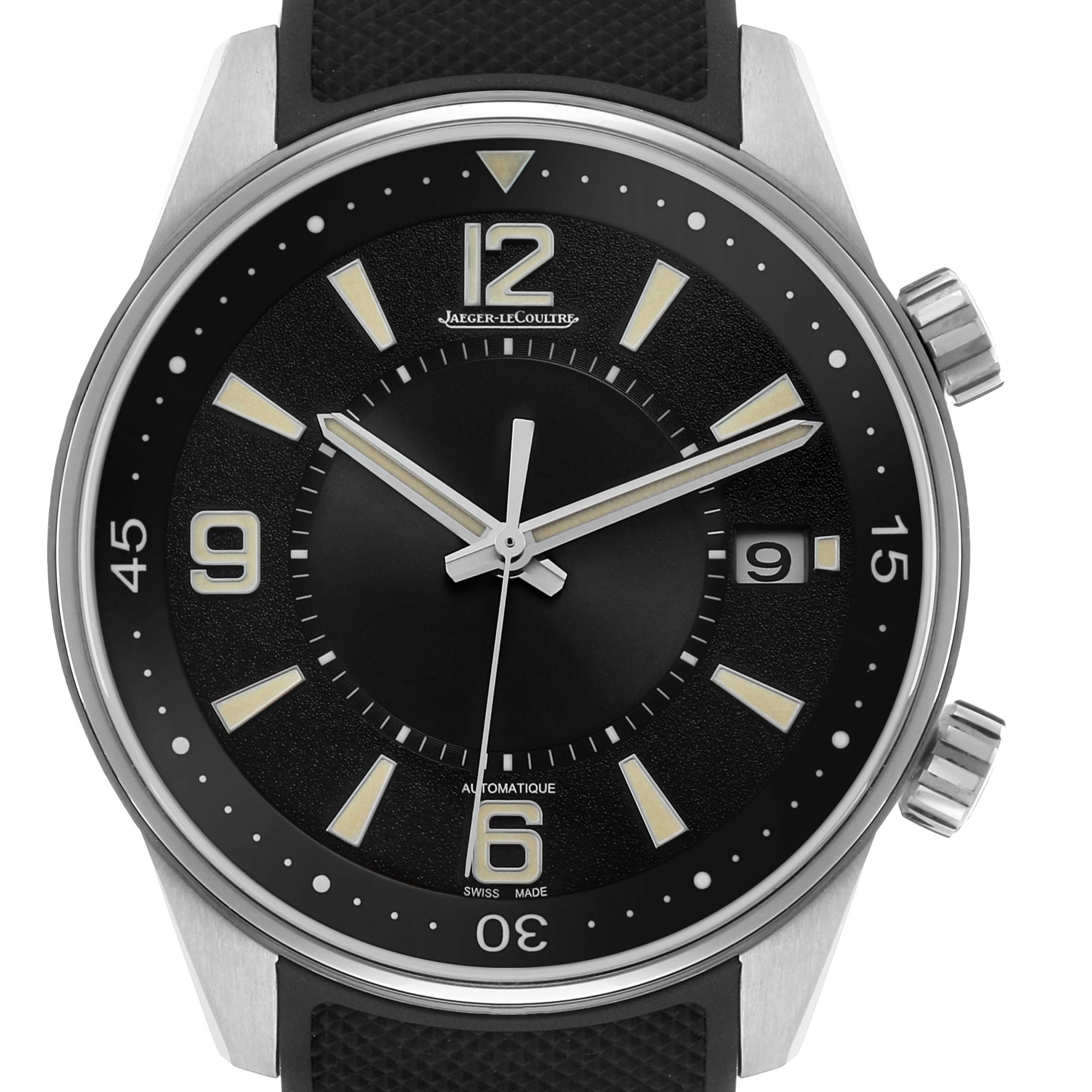 The image shows a front view of the Jaeger LeCoultre Polaris Q968671 Men's Stainless Steel Black Dial watch, highlighting the dial, hands, and date window.