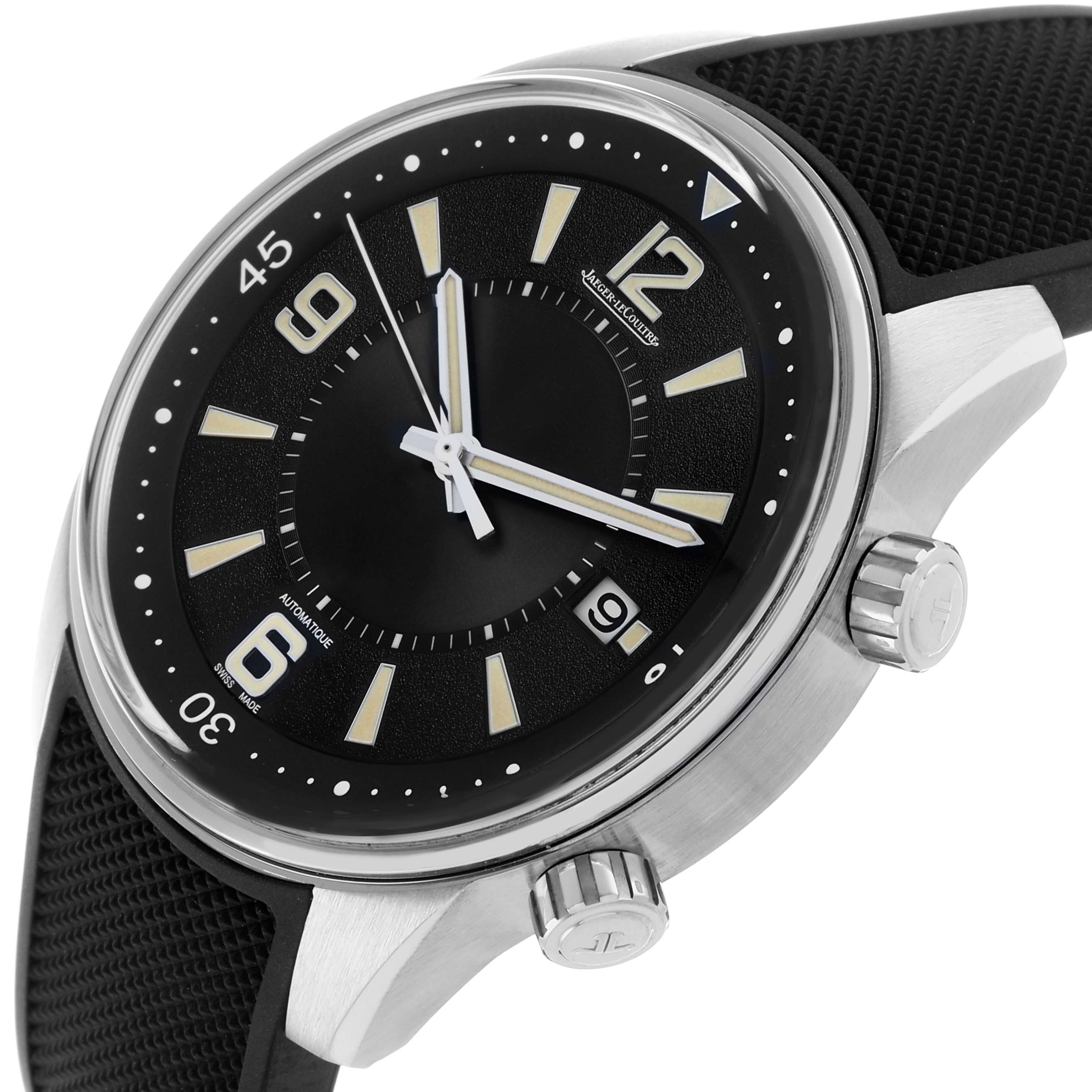The Jaeger LeCoultre Polaris Q968671 Men's Stainless Steel Black Dial watch is shown at a three-quarter angle, displaying the face, case, crown, and textured strap.