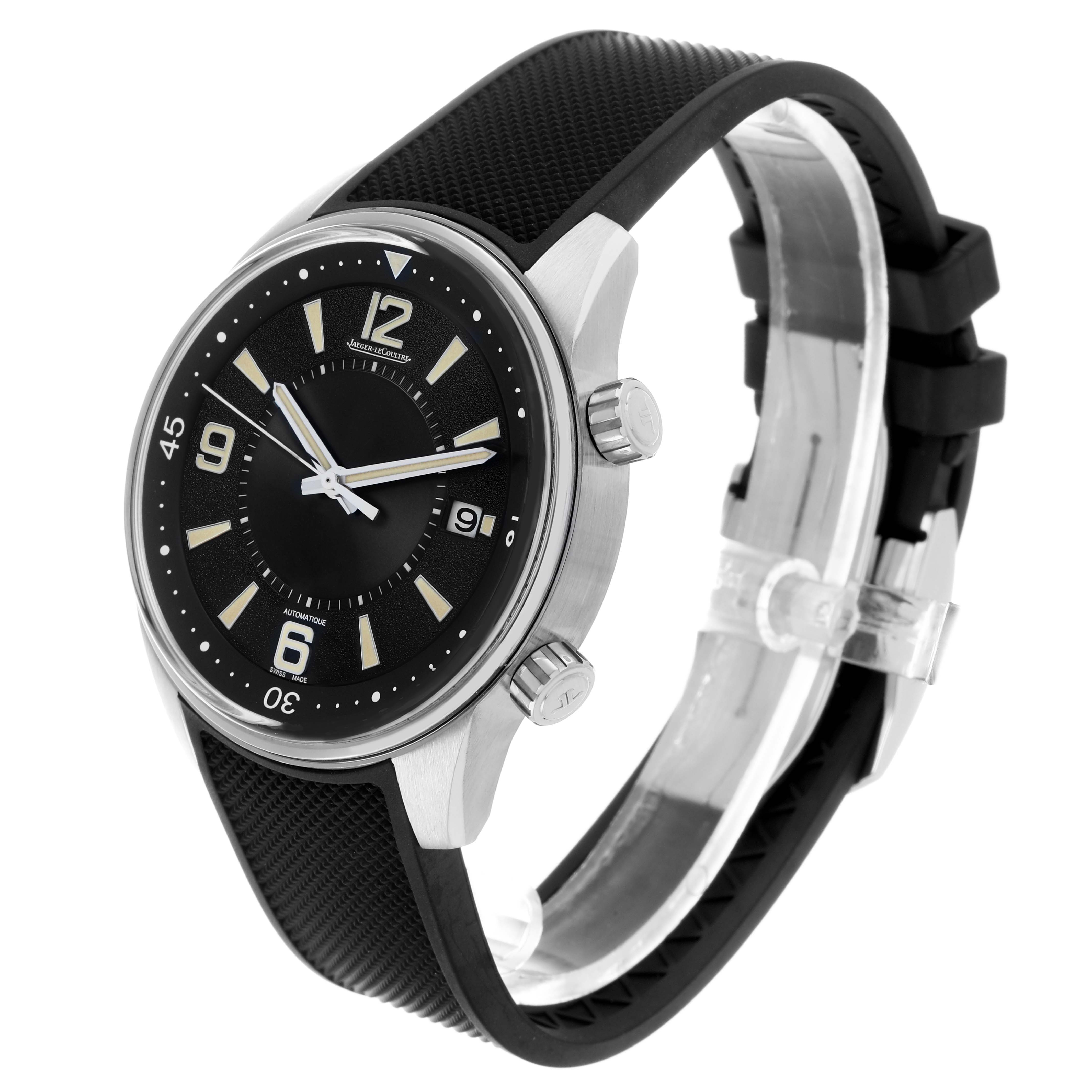 The Jaeger-LeCoultre Polaris watch is shown at a slight side angle, displaying the dial, bezel, lugs, and strap.