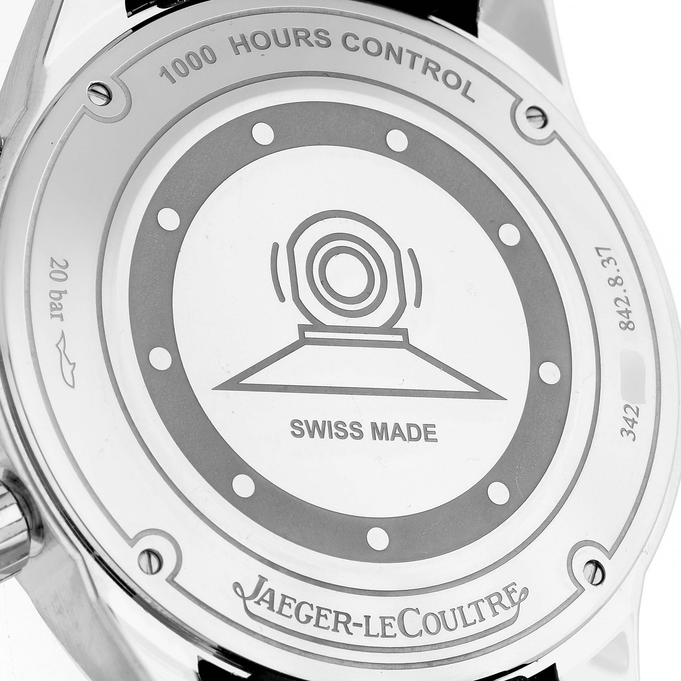 The image shows the back of the Jaeger-LeCoultre Polaris watch, highlighting the engraved details and brand name.