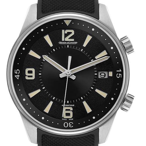 The image shows a front view of the Jaeger-LeCoultre Polaris watch, highlighting its dial, hands, and crown.