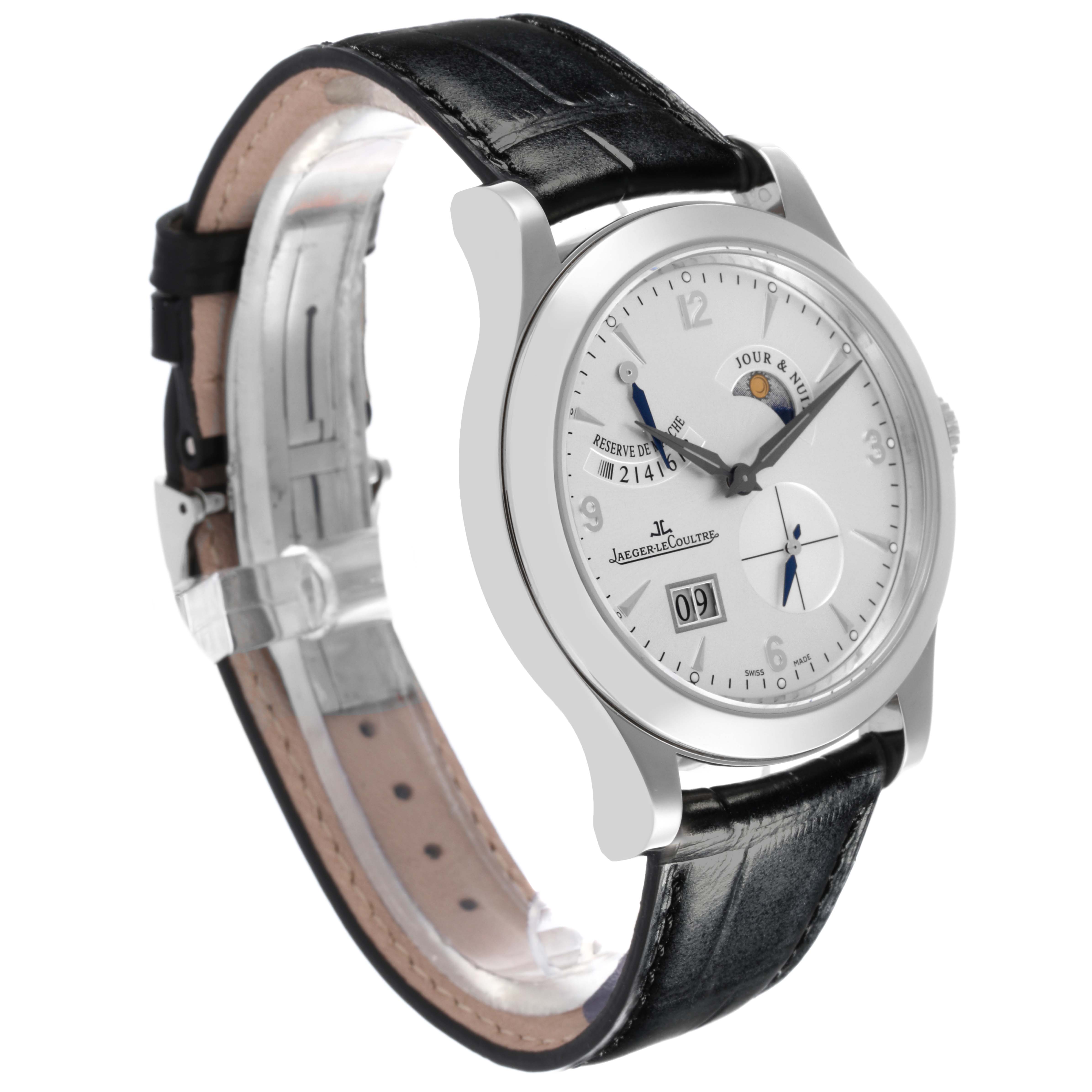 The Jaeger LeCoultre Master Q1608420 Men's Stainless Steel Silver Dial Q1608420 Men's Stainless Steel Silver Dial watch is shown at a slight angle highlighting the face, case, and black leather strap.