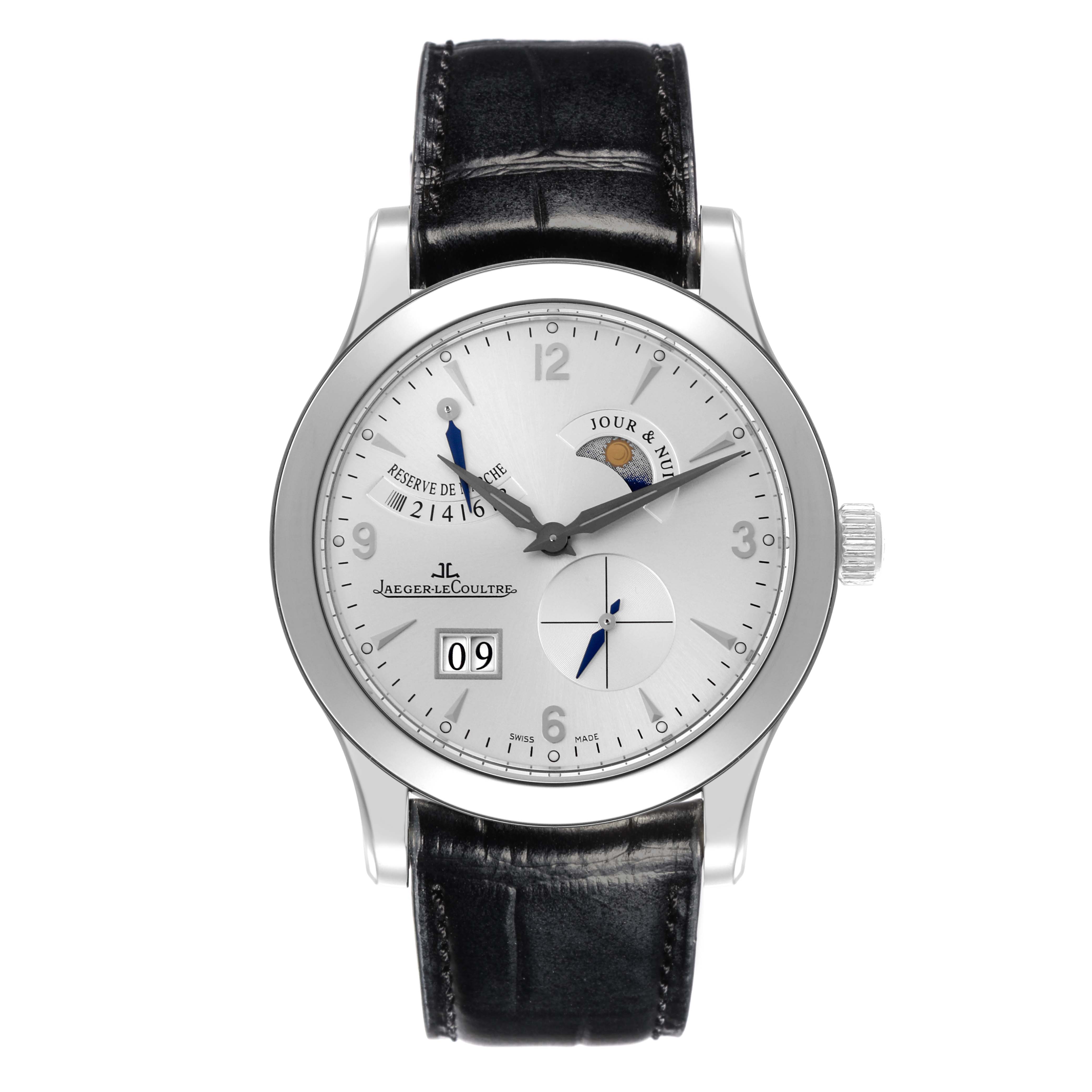 The Jaeger LeCoultre Master Q1608420 Men's Stainless Steel Silver Dial Q1608420 Men's Stainless Steel Silver Dial model watch is shown from the front, displaying its dial, hands, date, and leather strap.