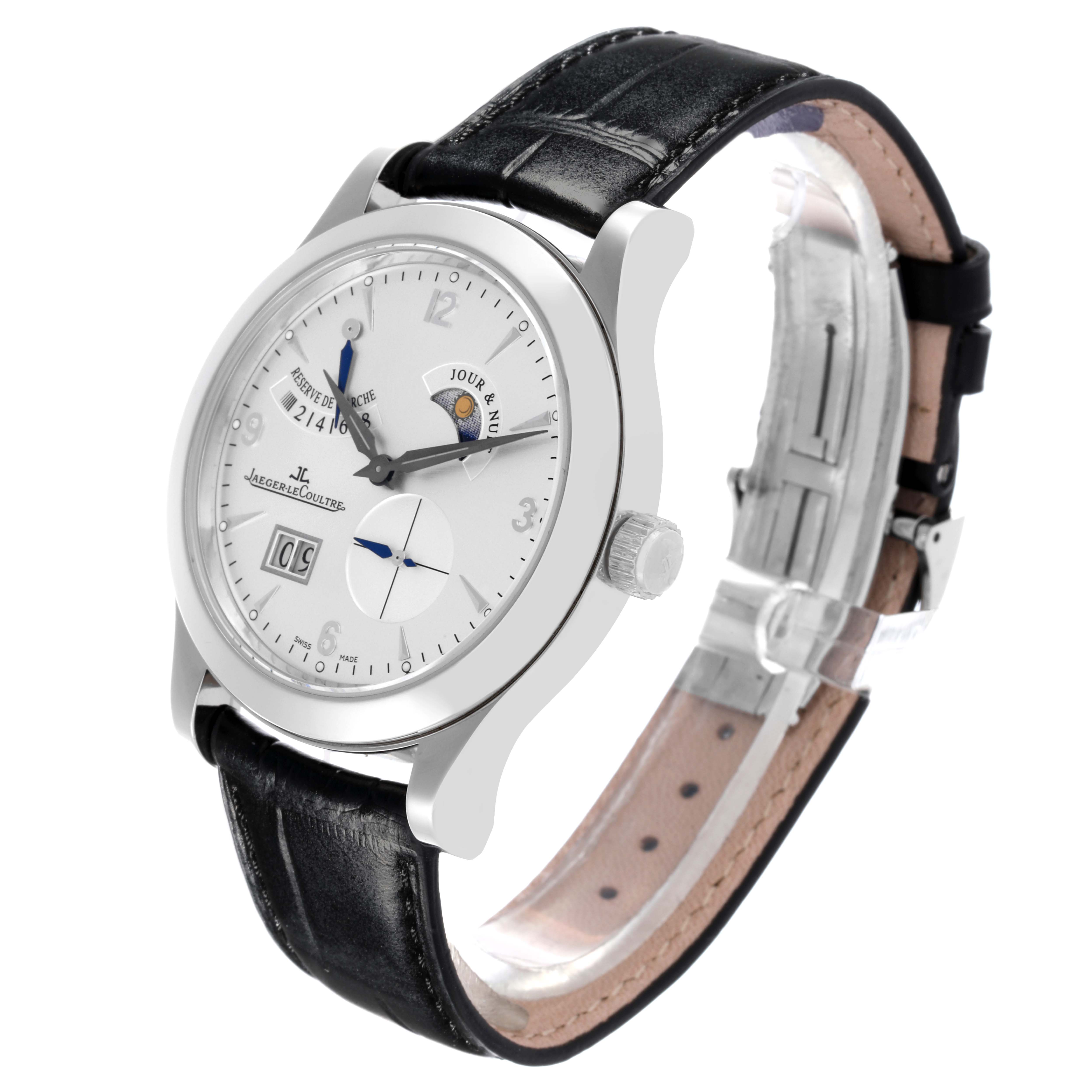 The Jaeger LeCoultre Master Q1608420 Men's Stainless Steel Silver Dial Q1608420 Men's Stainless Steel Silver Dial watch is shown at a three-quarter angle, displaying the face, crown, and black leather strap.