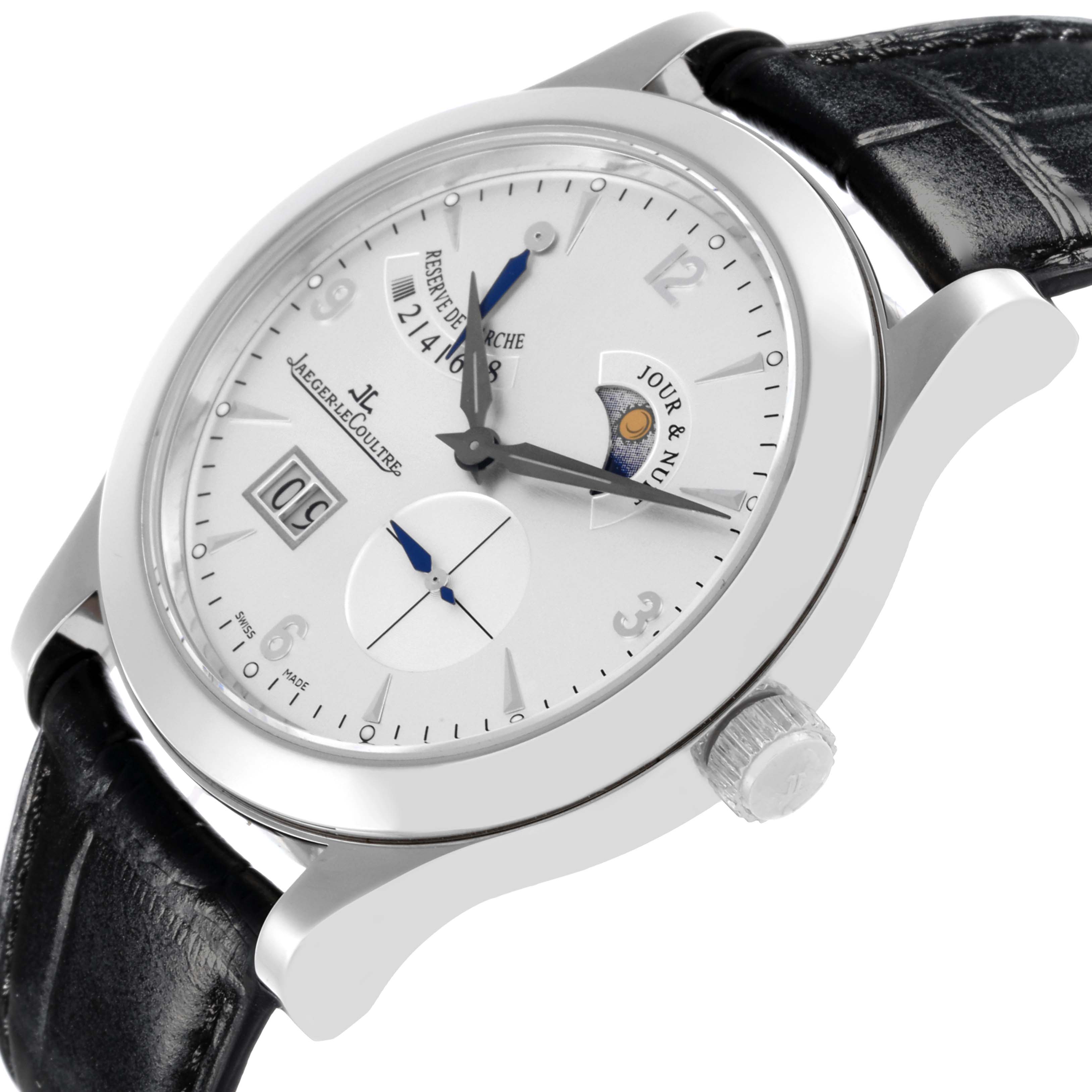 The Jaeger LeCoultre Master Q1608420 Men's Stainless Steel Silver Dial Q1608420 Men's Stainless Steel Silver Dial watch is shown at an angled side view, highlighting the dial, crown, and leather strap.