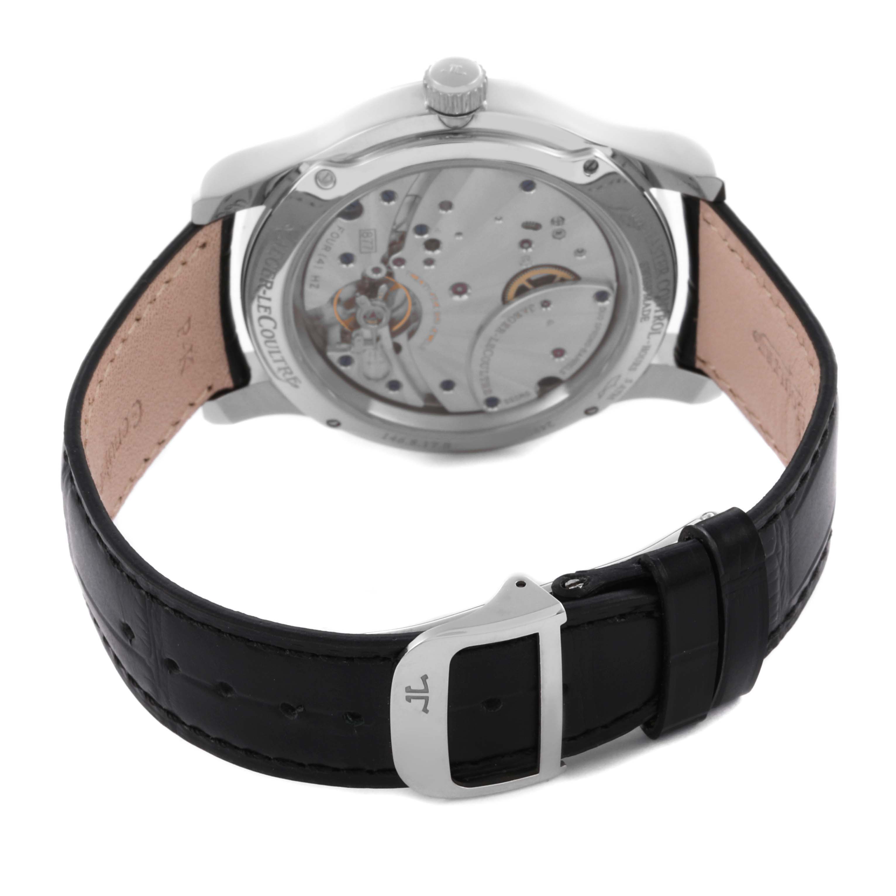 The image shows the back view of a Jaeger-LeCoultre Master watch, highlighting the movement and clasp.