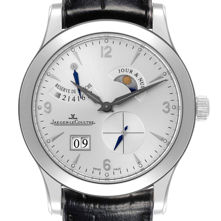 The Jaeger-LeCoultre Master model is shown from the front, displaying the face, sub-dials, and moon phase.