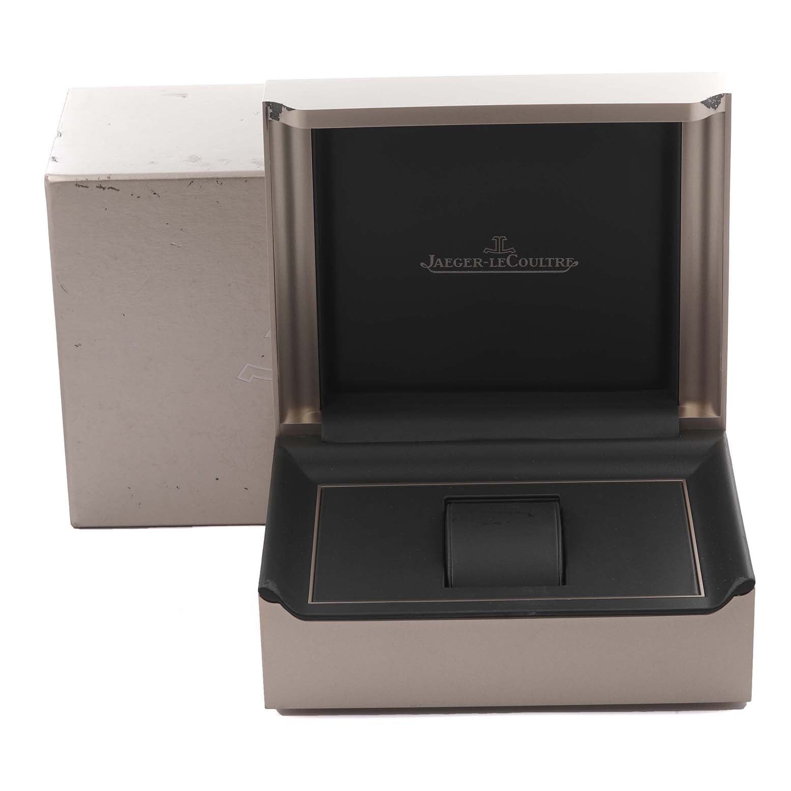 The image shows the open box for a Jaeger LeCoultre Master Q1608420 Men's Stainless Steel Silver Dial Q1608420 Men's Stainless Steel Silver Dial watch at a front angle.