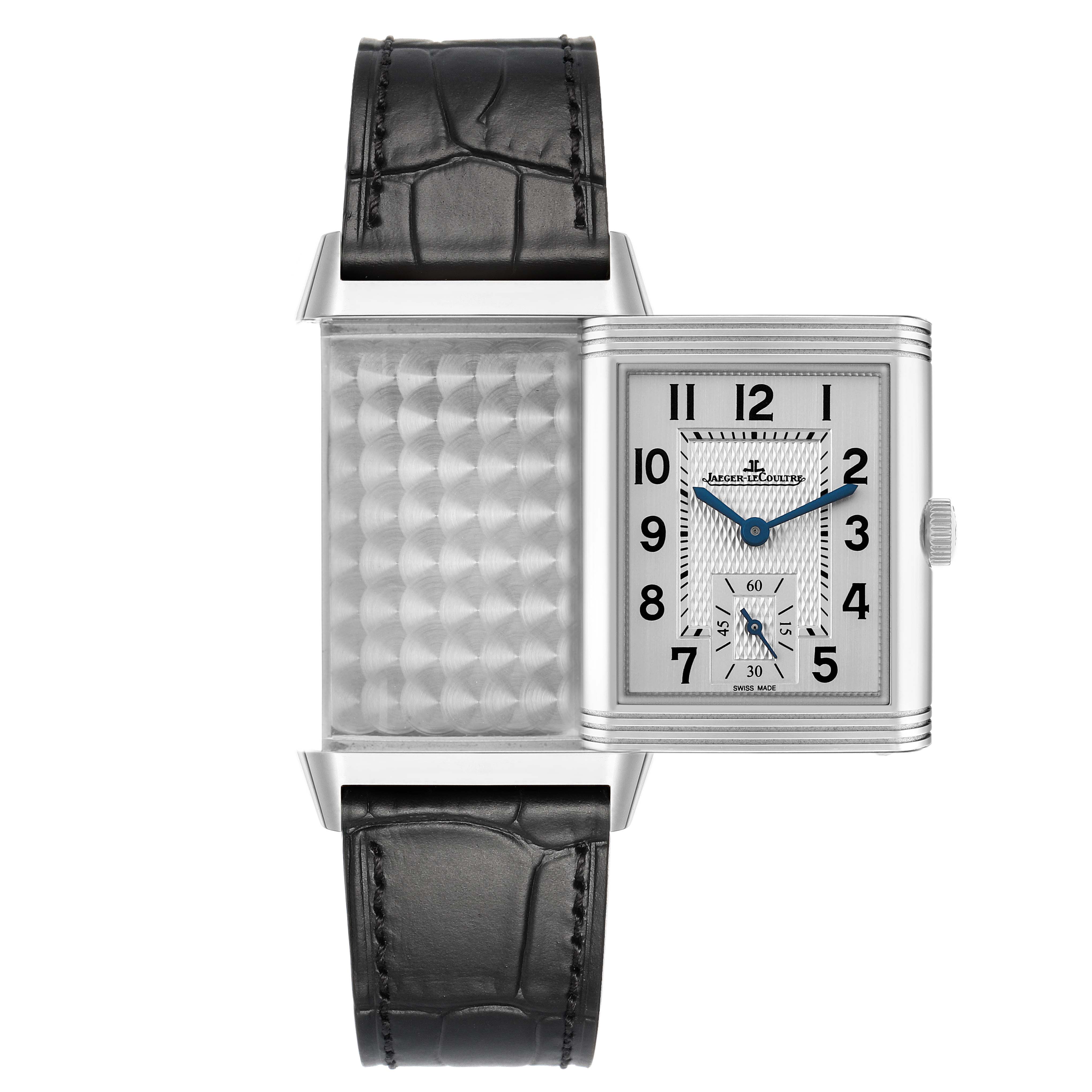The Jaeger-LeCoultre Reverso watch shows a front view with its rectangular face and reversible decorated back.