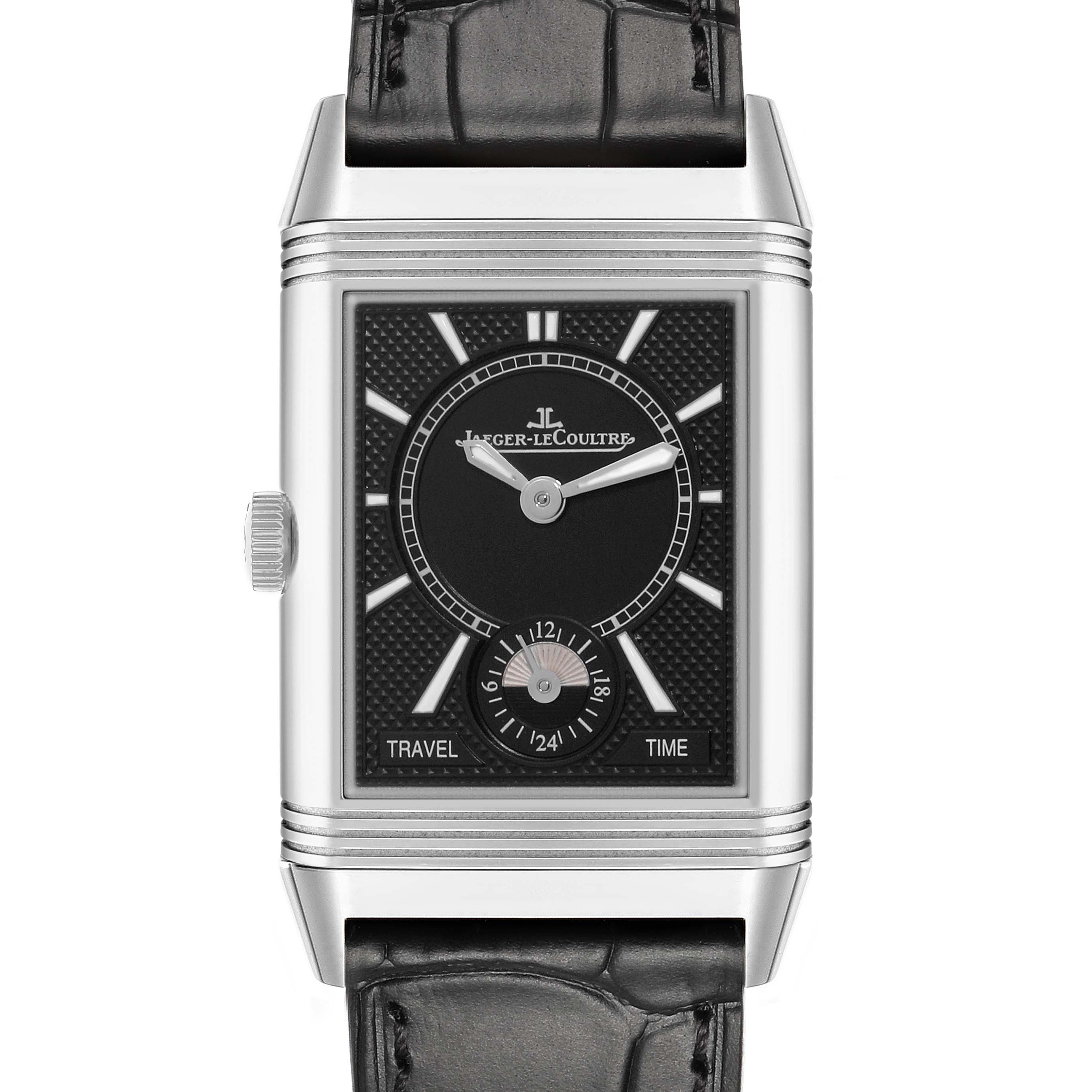 The Jaeger-LeCoultre Reverso watch is shown from the front, highlighting its black dial, hands, and case details.