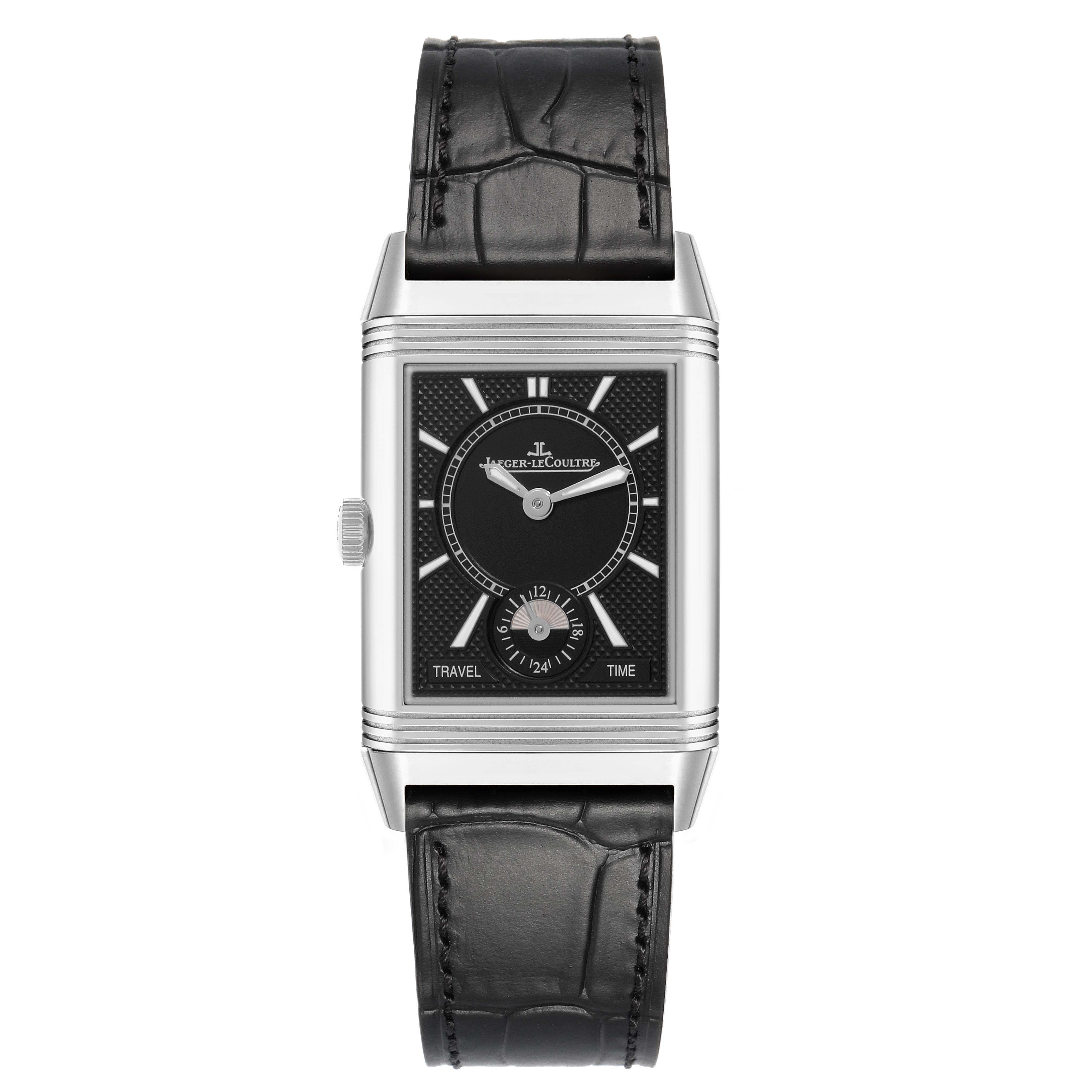 The Jaeger-LeCoultre Reverso watch is shown from the front, displaying the face, strap, and crown.