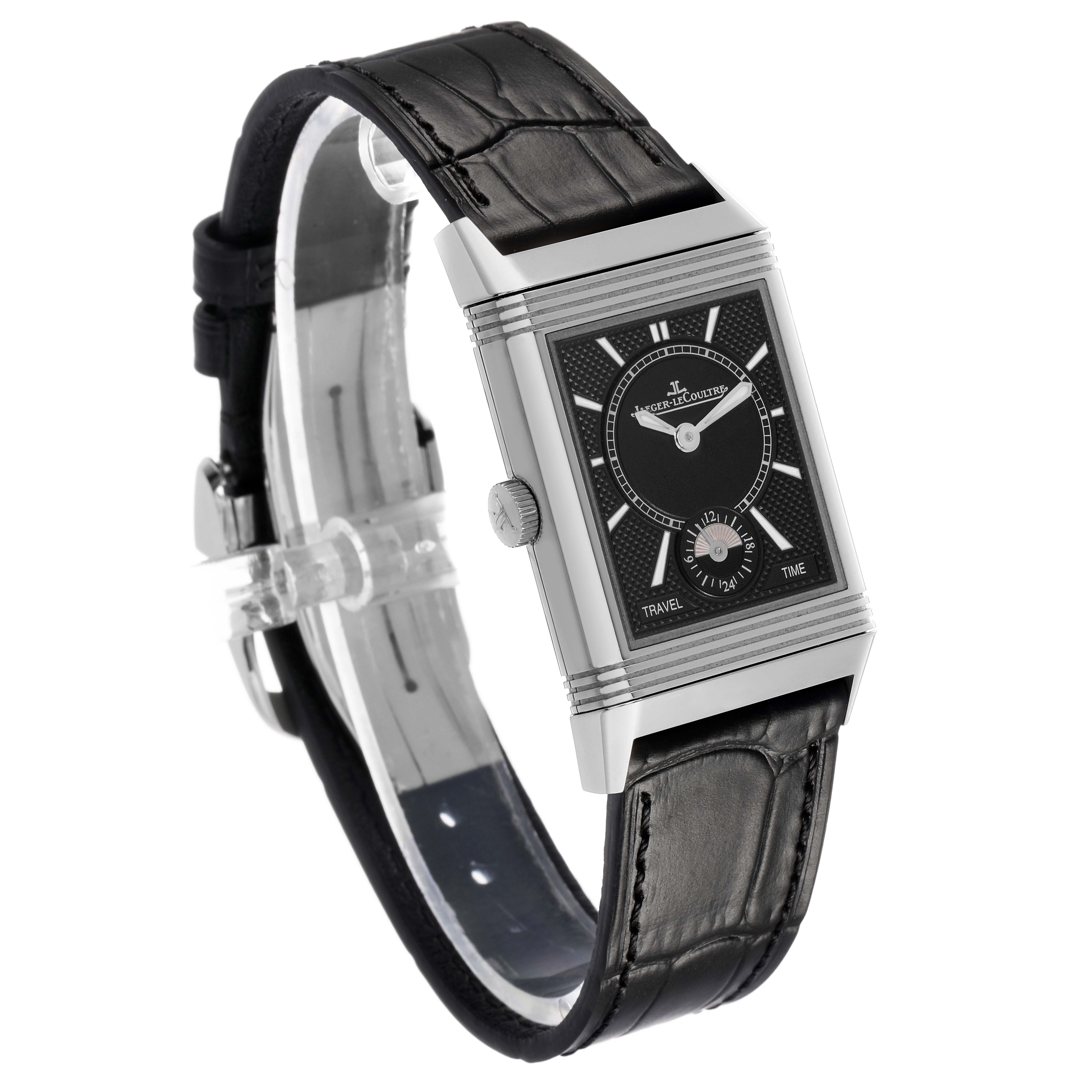 The Jaeger LeCoultre Reverso Q2458422 Men's Stainless Steel Silver Dial watch is shown at an angled side view, displaying the face, rectangular case, crown, and black leather strap.
