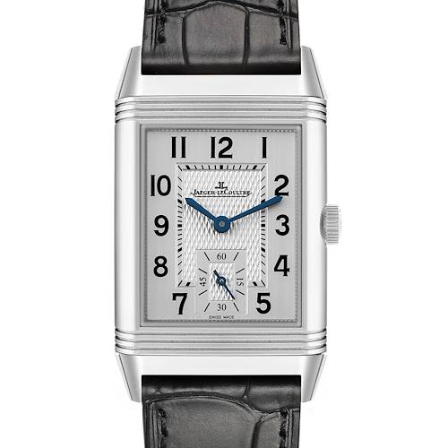 The Jaeger LeCoultre Reverso Q2458422 Men's Stainless Steel Silver Dial watch is shown from a front angle, highlighting its dial, rectangular case, and strap.