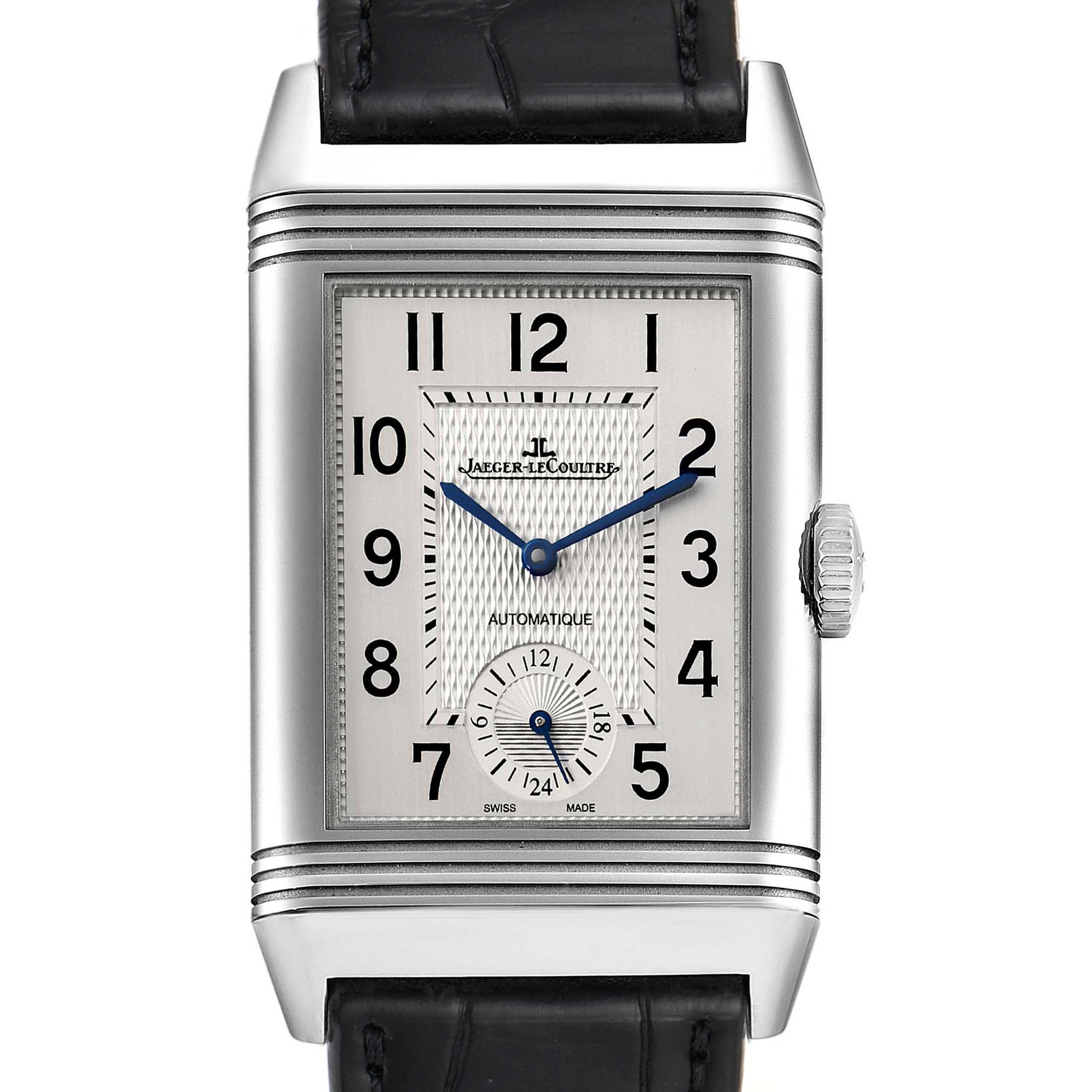 The image shows a front view of the Jaeger LeCoultre Reverso Q3838420 Men
s Stainless Steel Silver Dial Q3838420 Men
s Stainless Steel Silver Dial watch, highlighting its rectangular dial, numerals, and black leather strap.