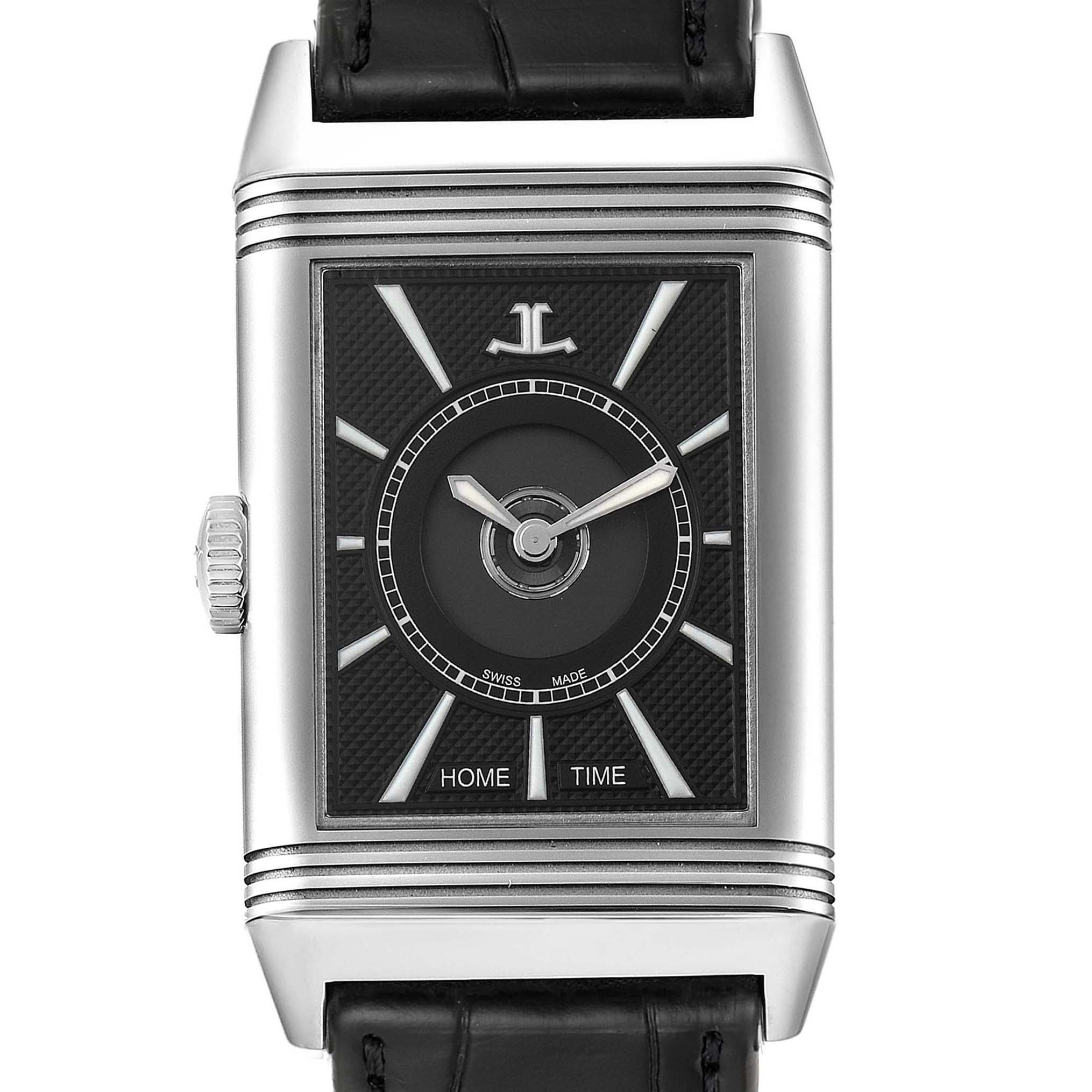 This image shows a front view of a Jaeger-LeCoultre Reverso watch, highlighting its black dial, silver hands, and leather strap.