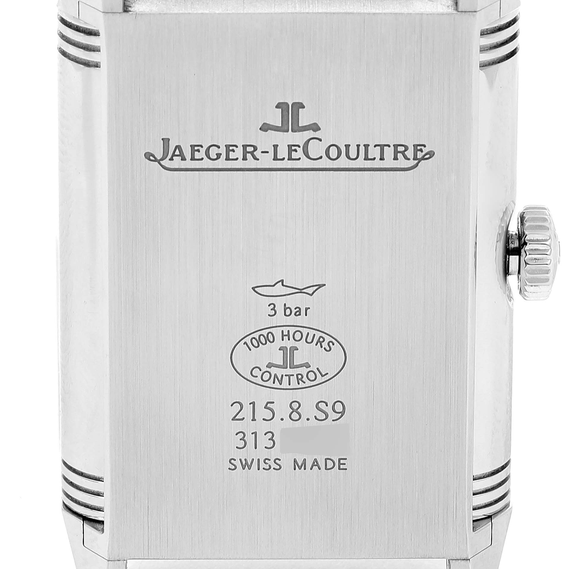 This image shows the back case of a Jaeger-LeCoultre Reverso watch, highlighting its branding, model number, and water resistance.