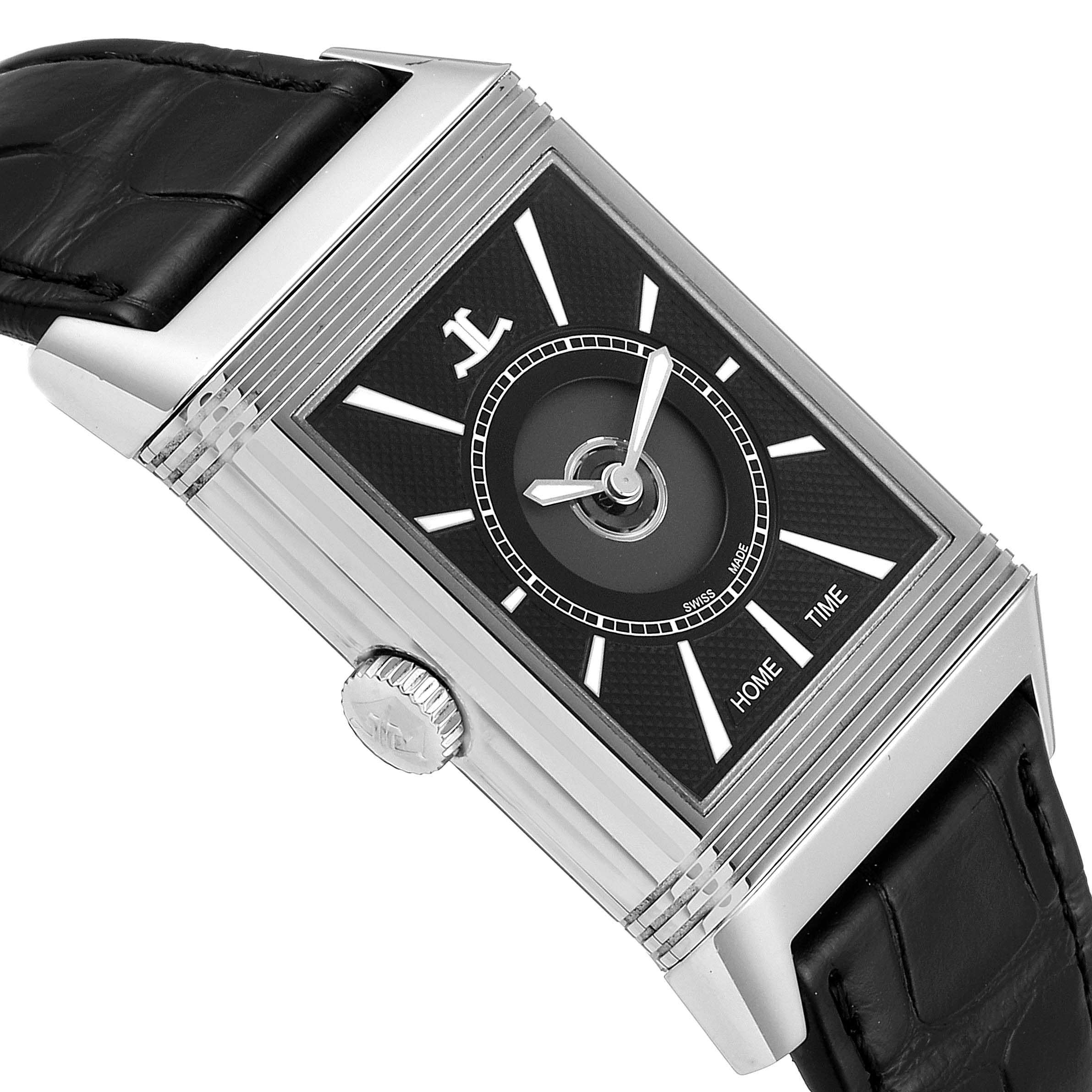 The image shows a Jaeger LeCoultre Reverso Q3838420 Men
s Stainless Steel Silver Dial Q3838420 Men
s Stainless Steel Silver Dial watch at a slight angle, highlighting its rectangular face, crown, and black leather strap.