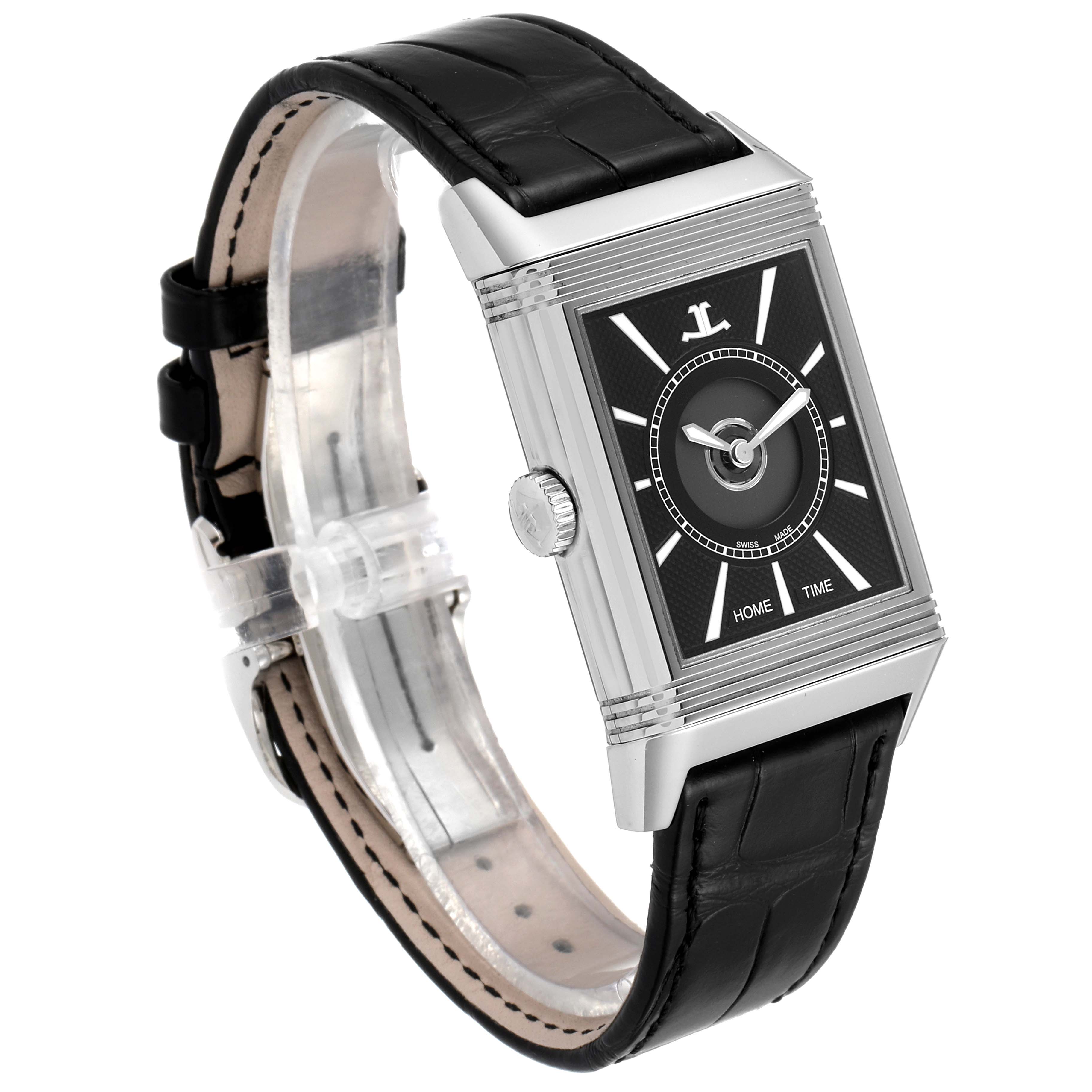 This Jaeger-LeCoultre Reverso model watch is shown at an angled front view, displaying the face, case, crown, and leather strap.