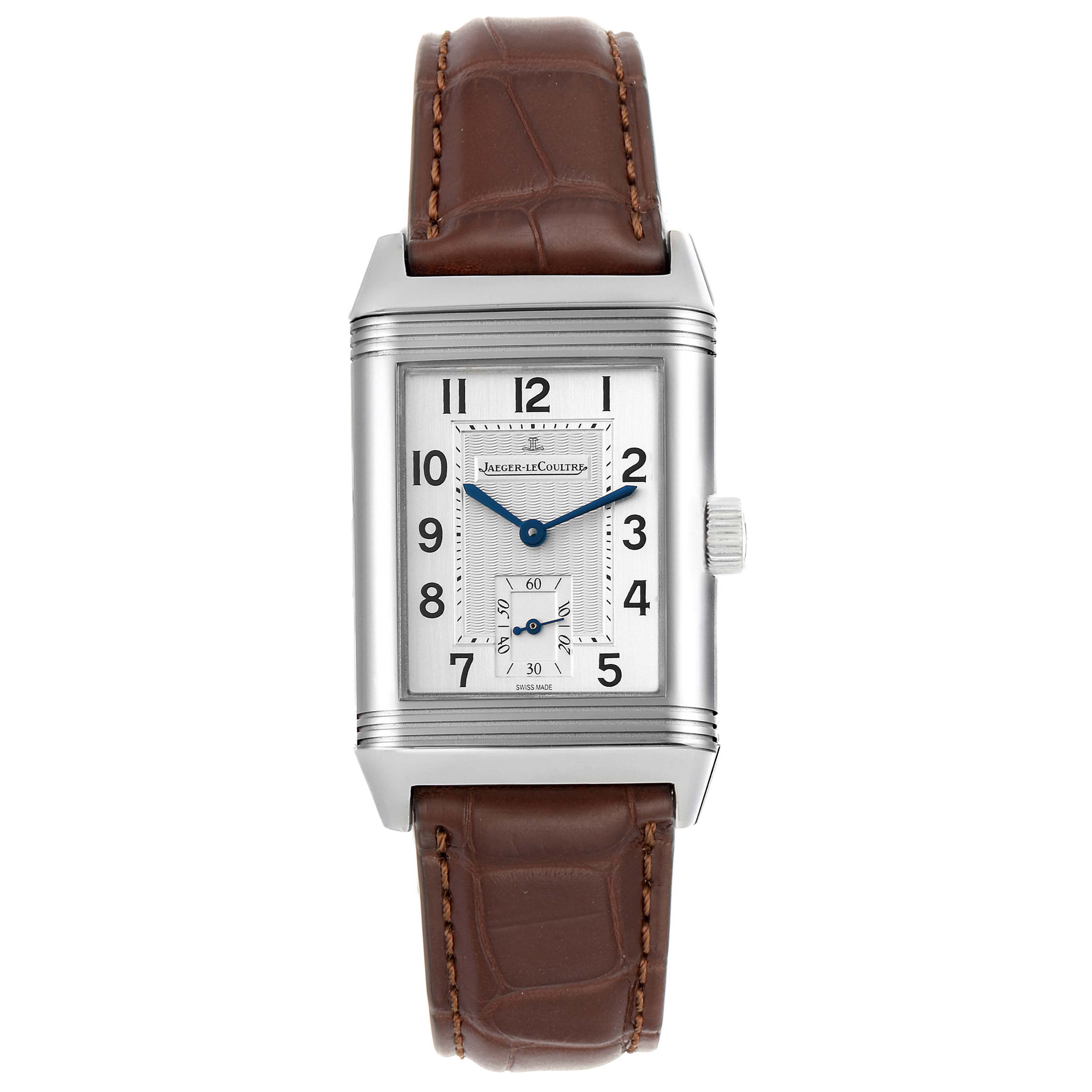 This image shows a front view of a Jaeger LeCoultre Reverso Q3858520 Men
s Stainless Steel Silver Dial Q3858520 Men
s Stainless Steel Silver Dial watch with a rectangular face and a brown leather strap.