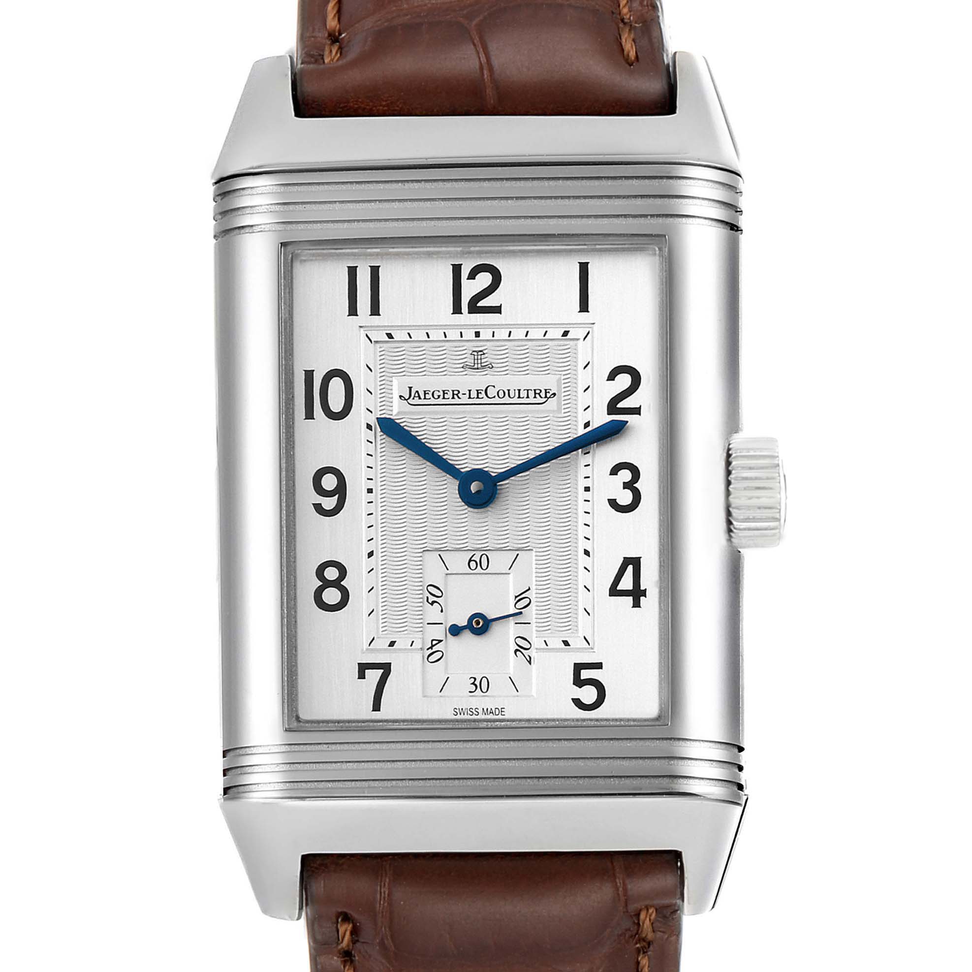 This image shows a frontal view of a Jaeger-LeCoultre Reverso watch, highlighting its dial, case, and leather strap.