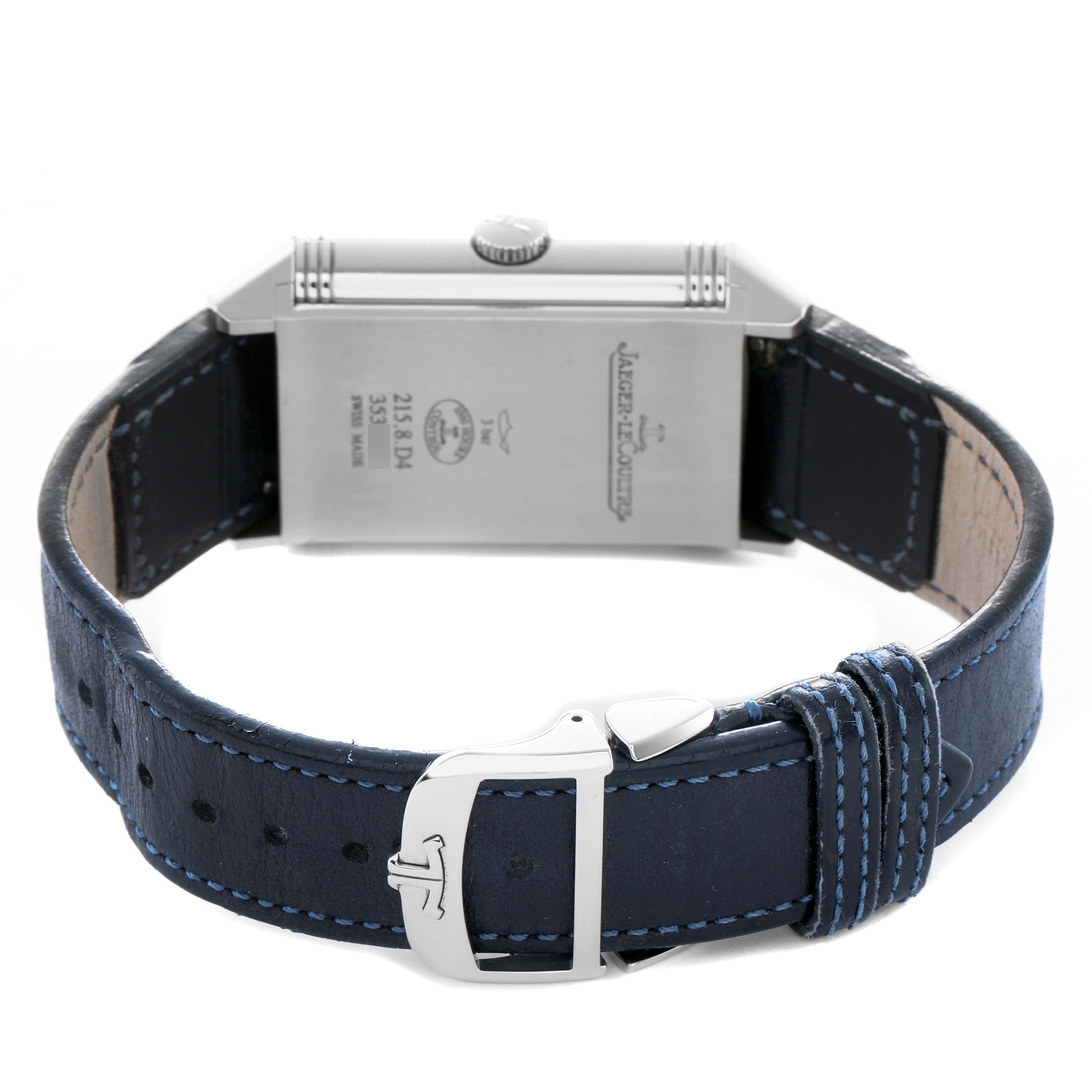 The image shows the back of the Jaeger LeCoultre Reverso Q3988482/215.8.D4 Men's Stainless Steel Blue Dial watch, highlighting the case back, blue leather strap, and buckle.