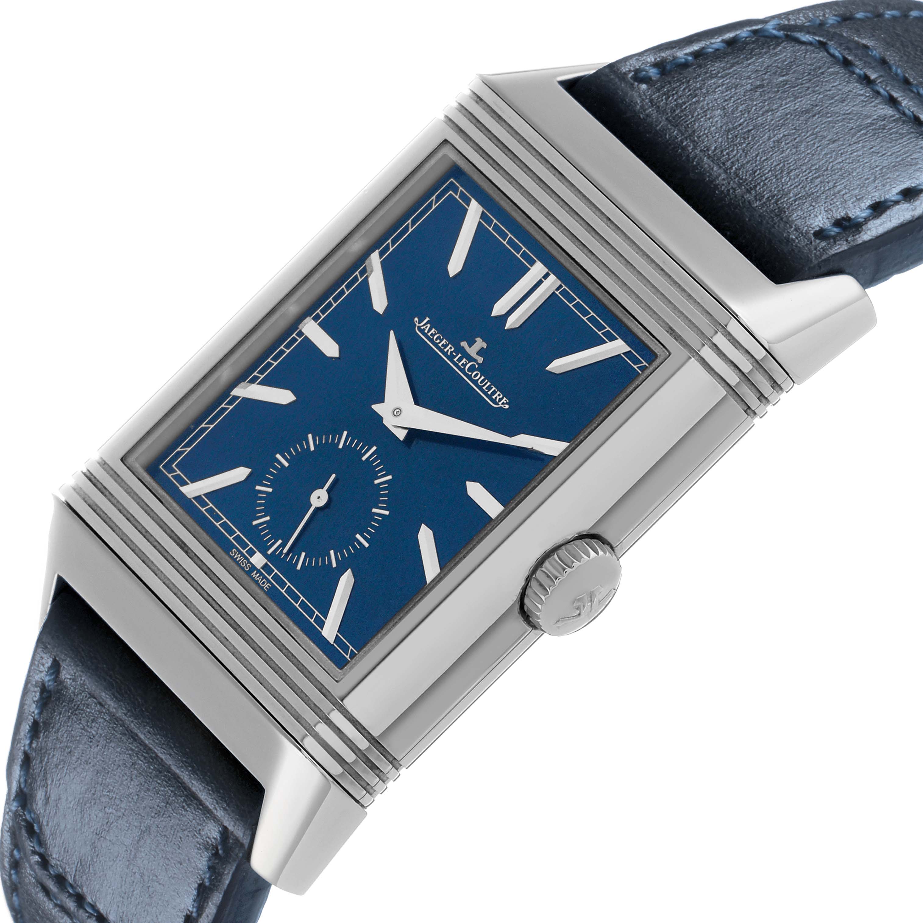 The Jaeger LeCoultre Reverso Q3988482/215.8.D4 Men's Stainless Steel Blue Dial watch is shown at an angled side view, highlighting the blue dial and crown.