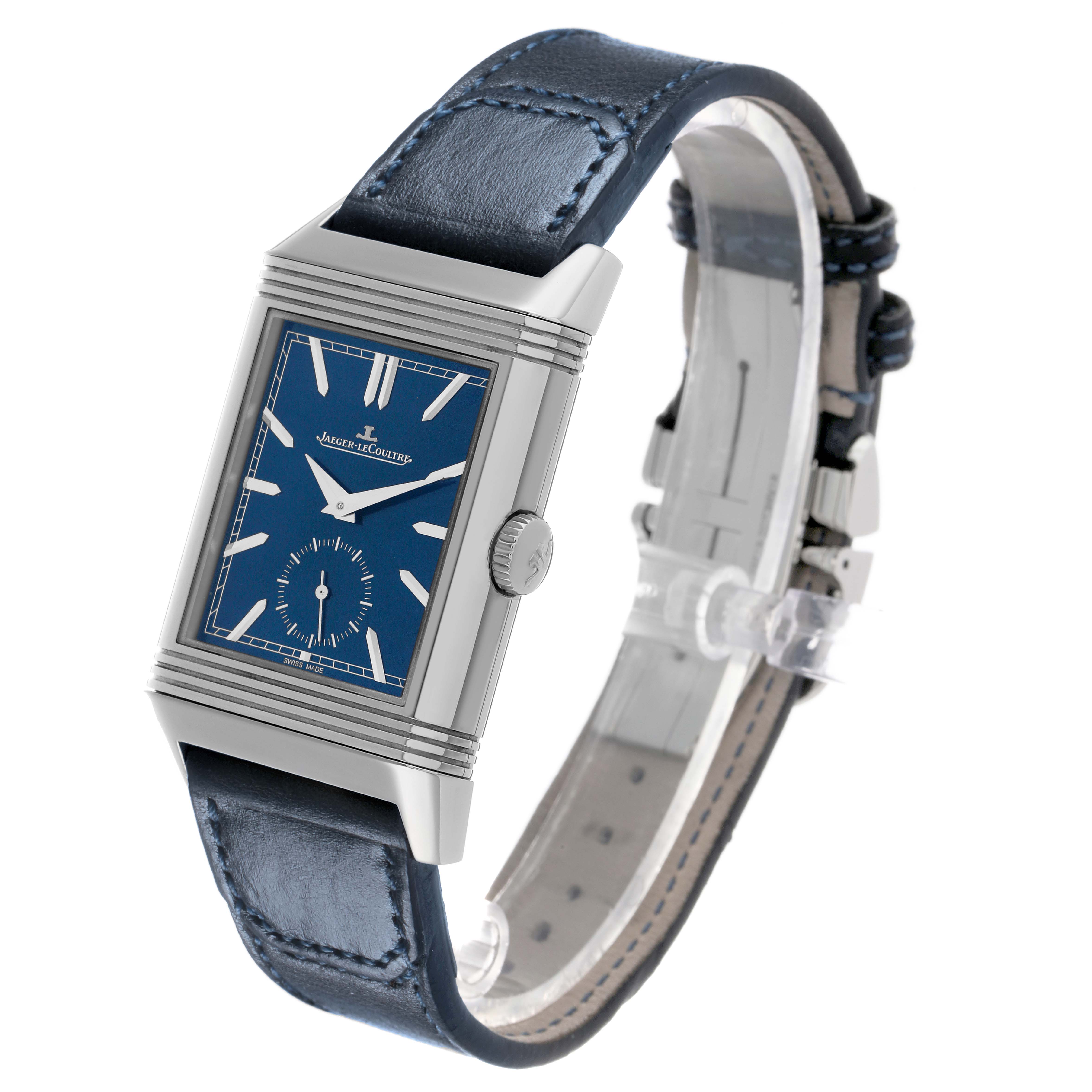 The Jaeger LeCoultre Reverso Q3988482/215.8.D4 Men's Stainless Steel Blue Dial watch is shown at a slight angle, highlighting its rectangular case, blue dial, and leather strap.